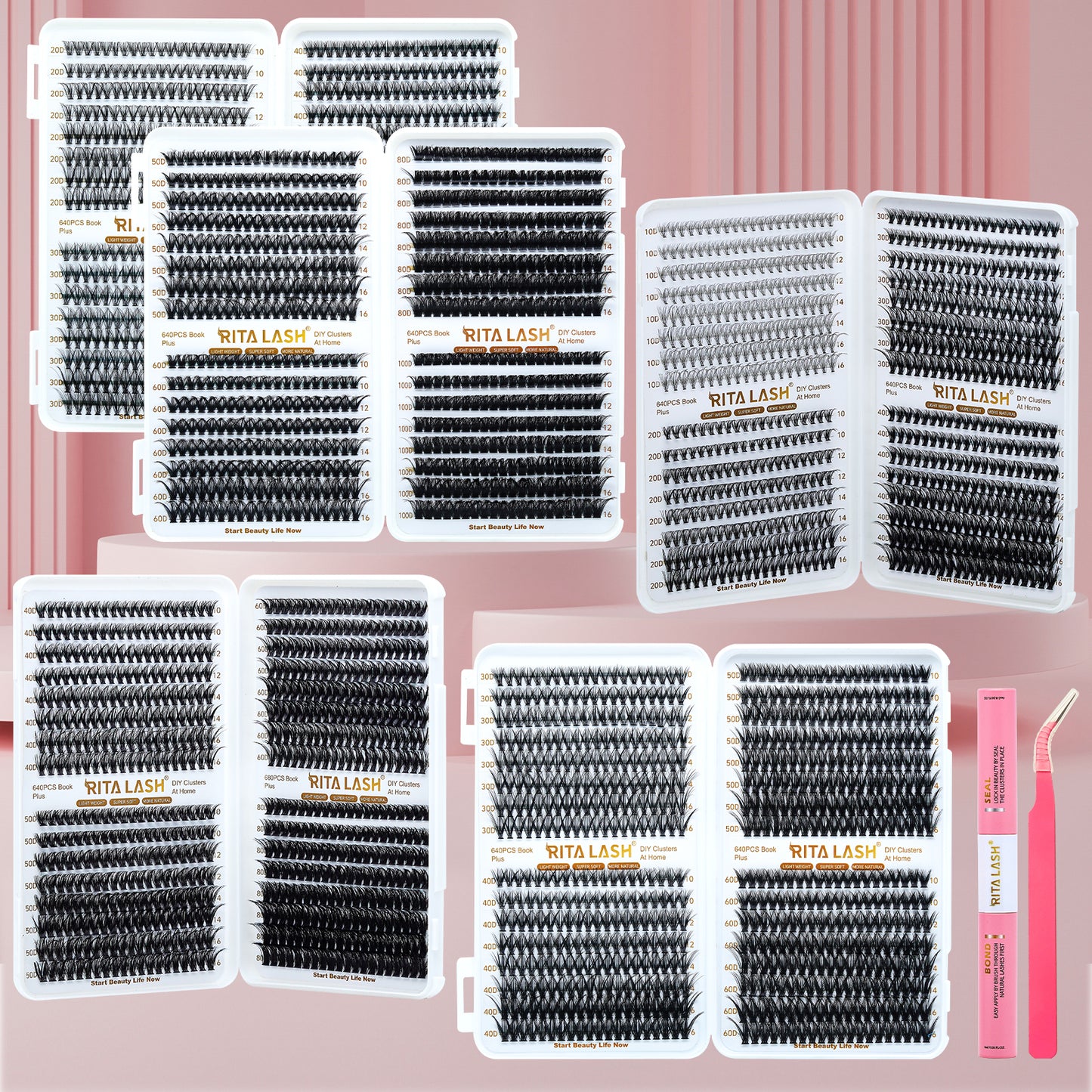 🌟RITALASH 640PCS D Individual Eyelashes Lash Clusters Book KIT DIY Eyelash Extensions Clusters Lashes Book D Curl Individual Lashes KIT Eyelash Clusters DIY At Home