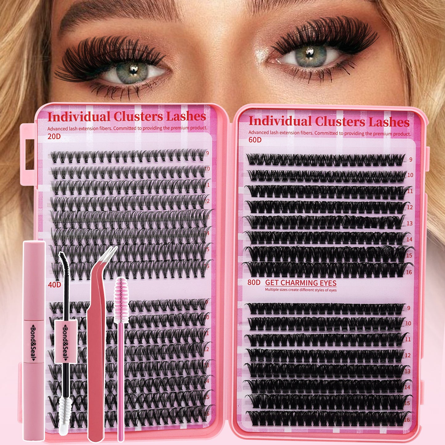💖ndividual Cluster Lash Book 20D+40D+60D+80D DIY Eyelash Extensions D Curl Long With Bond And Seal Lash Tweezer And Brush DIY Cluster Lash At Home