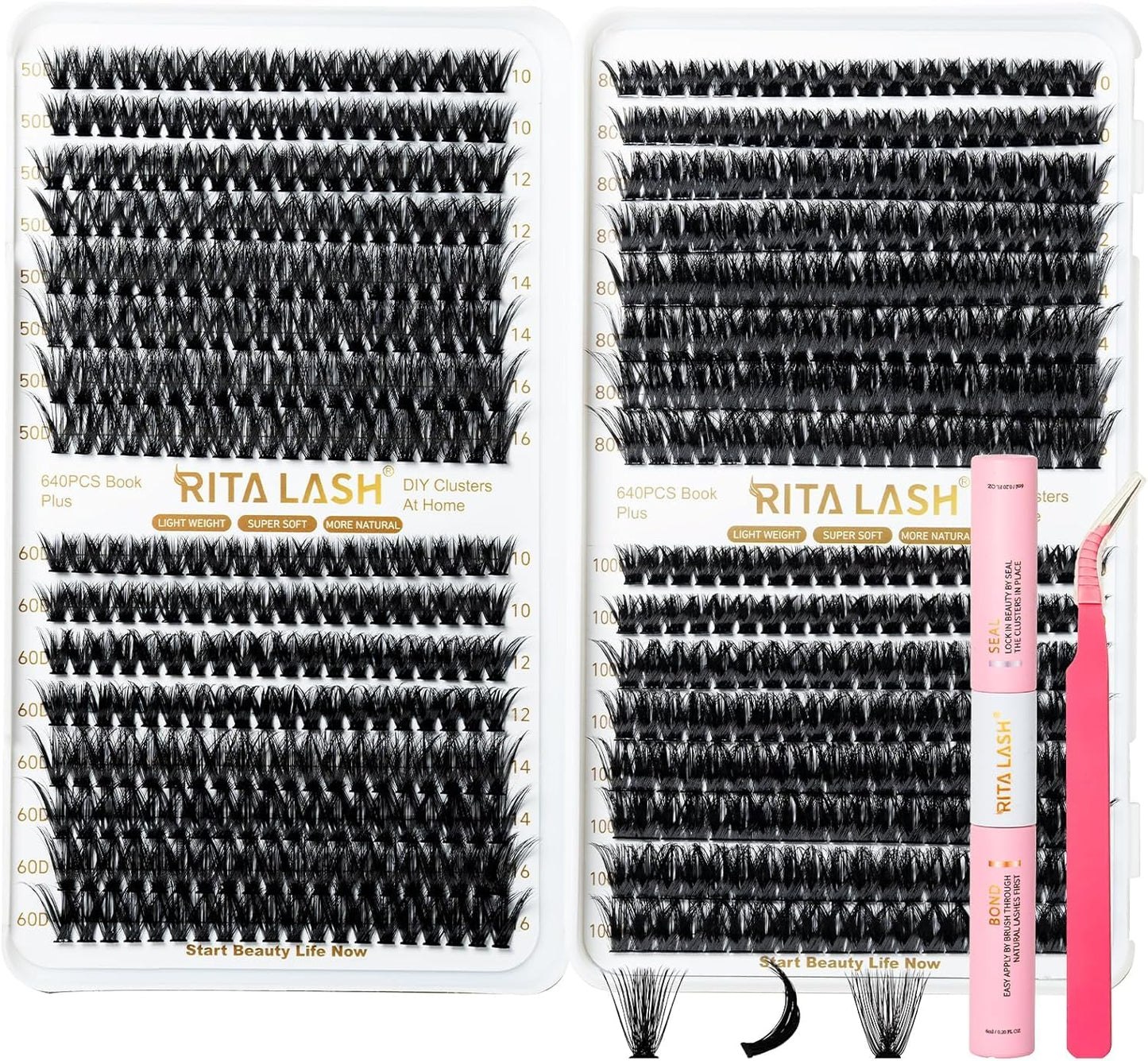 ✨RITALASH 640PCS DIY Lash Extension Kit – 50D + 60D + 80D + 100D Mixed Cluster Lashes (10–16mm) with Bond, Seal, Tweezers & Remover for At-Home Lash Styling!