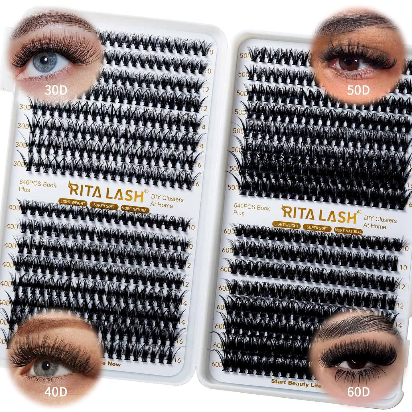 🌟RITALASH 640PCS Lash Extension Kit – 30D+40D+50D+60D Cluster Lashes (10–16mm Mixed) Wispy & Fluffy DIY Eyelash Extensions for Natural or Glam Looks at Home