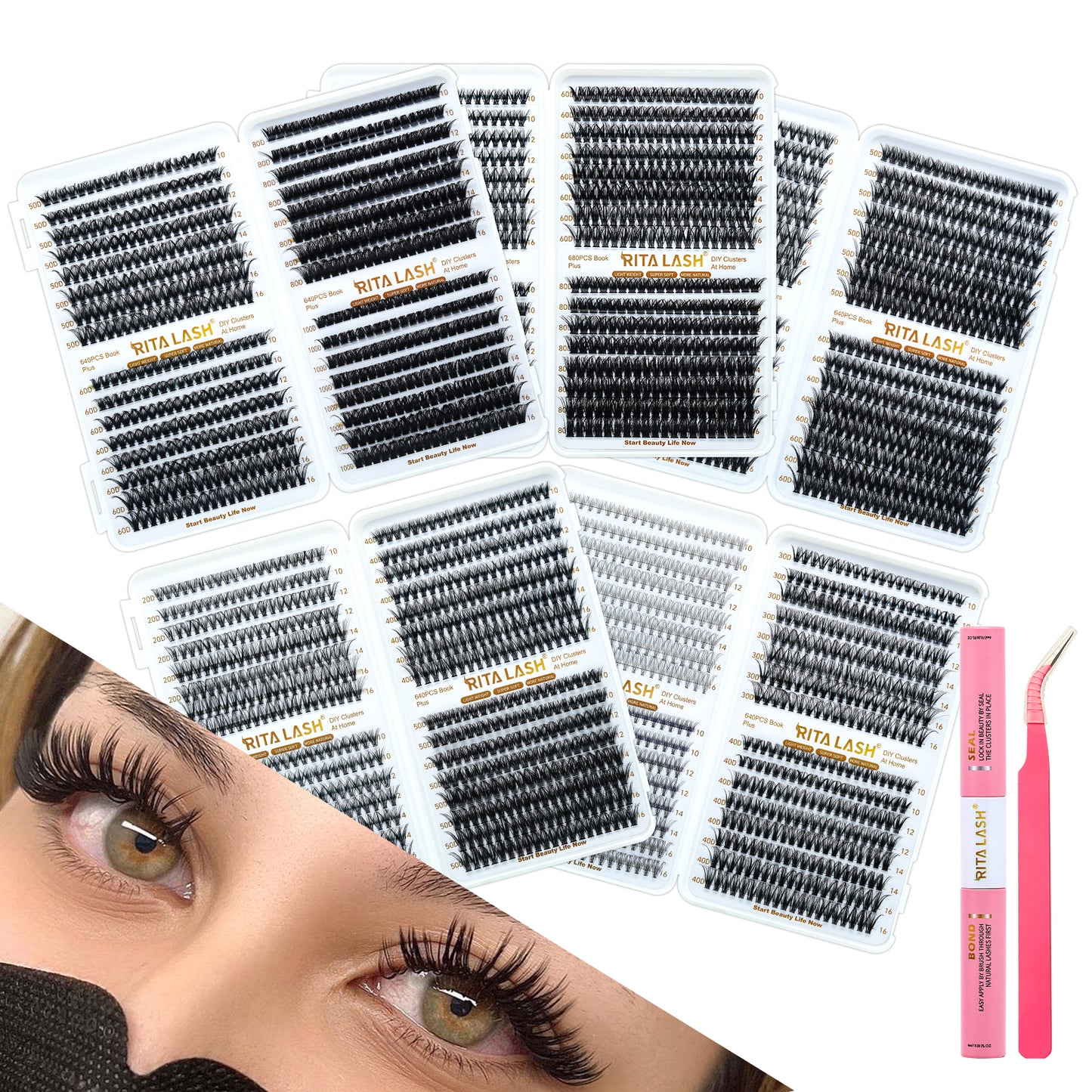 🌟RITALASH 640PCS D Individual Eyelashes Lash Clusters Book KIT DIY Eyelash Extensions Clusters Lashes Book D Curl Individual Lashes KIT Eyelash Clusters DIY At Home