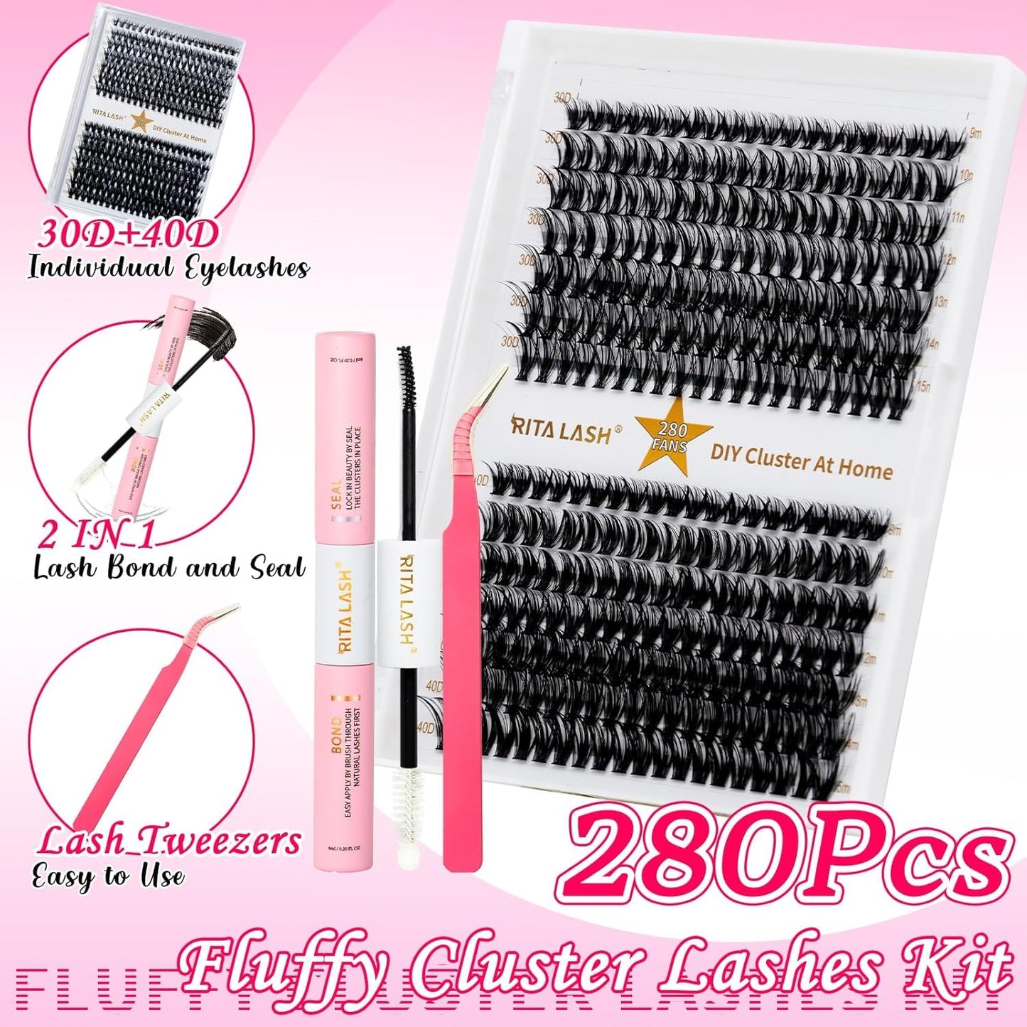 🌟RITALASH 280PCS Lash Extension Kit – 30D+40D Cluster Lashes (9–15mm Mixed) with Bond, Seal & Tweezers, DIY Individual Eyelash Extensions at Home