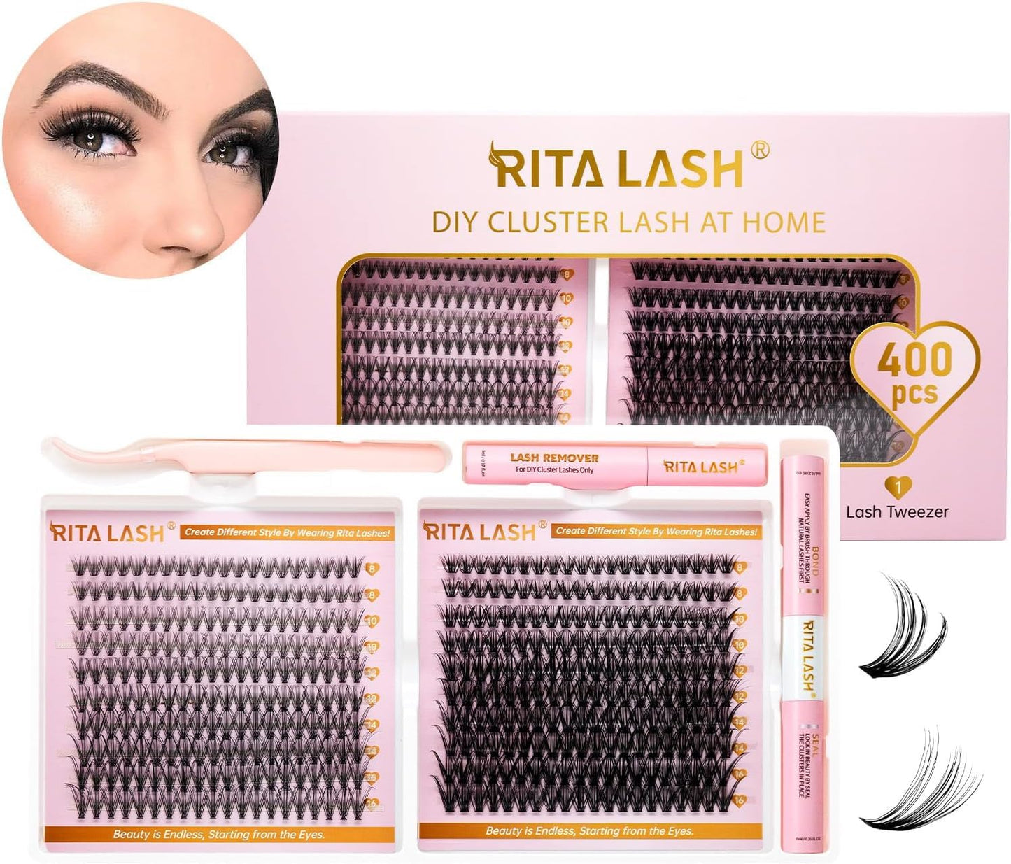 💖RITALASH 400PCS Lash Extension Kit – 20D+40D DIY Cluster Lashes (8–16mm Mixed) with Bond, Seal, Remover & Tweezer | Wispy & Fluffy At-Home Eyelash Extensions