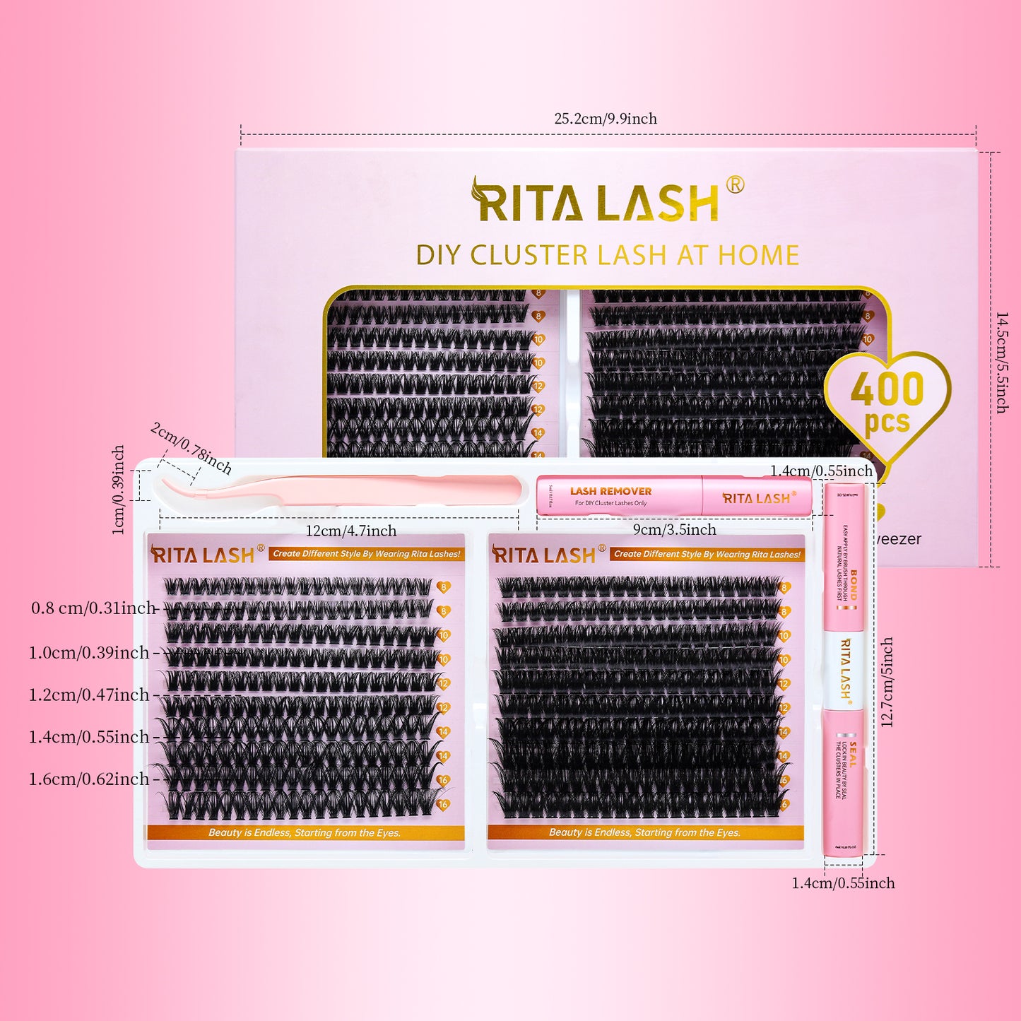 💖RITALASH 400pcs D Curl Cluster Lash Kit MIX 60D+100D Black Individual Eyelashes D Curl With Lash Bond And Seal Cluster Remover Lash Tweezer DIY At Home