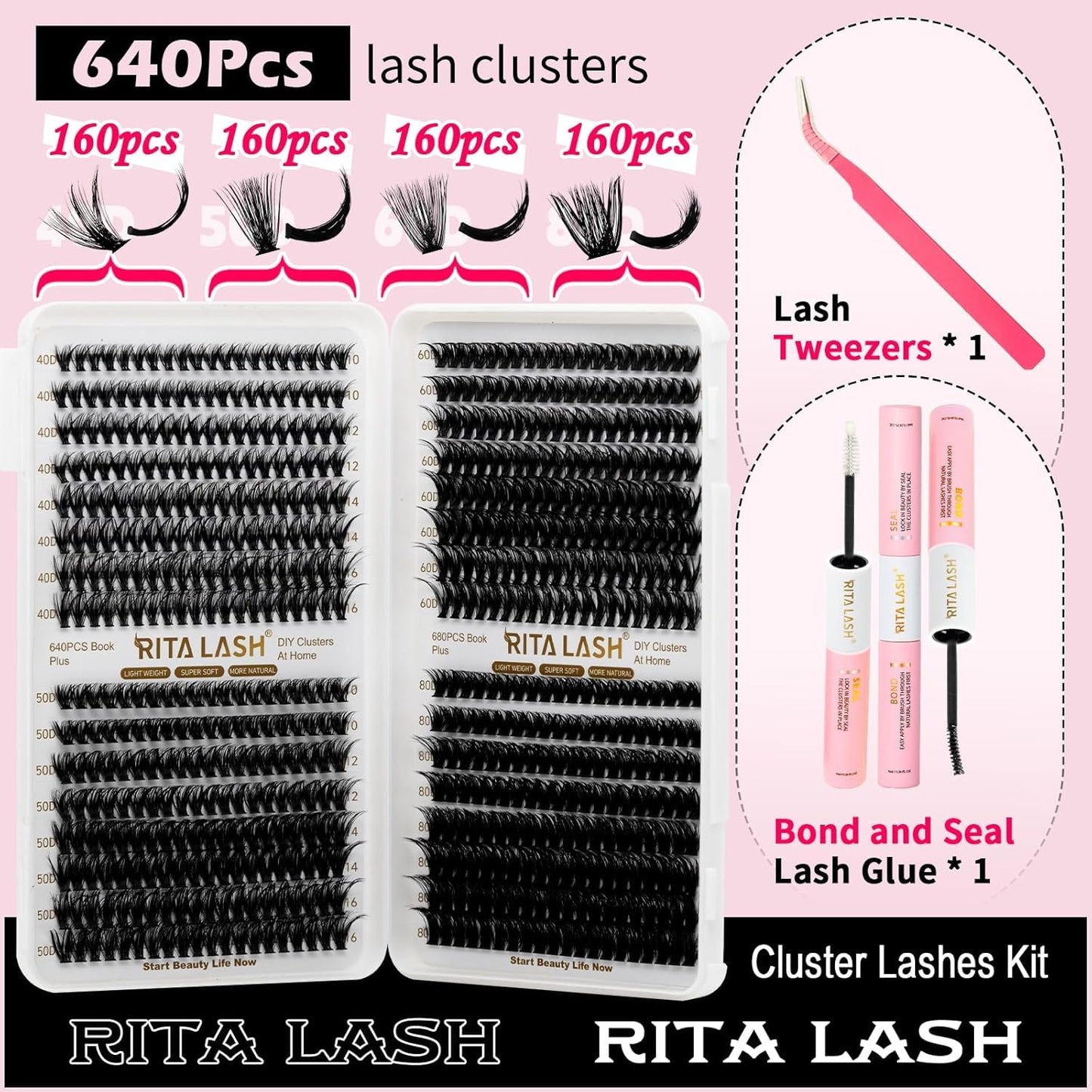 ✨RITALASH Lash Extension Kit – 640PCS DIY Lash Clusters 40D+50D+60D+80D Mixed Length Cluster Lashes with Lash Bond & Seal, Tweezers & Eyelash Case (10-16mm, Natural to Glam Look)