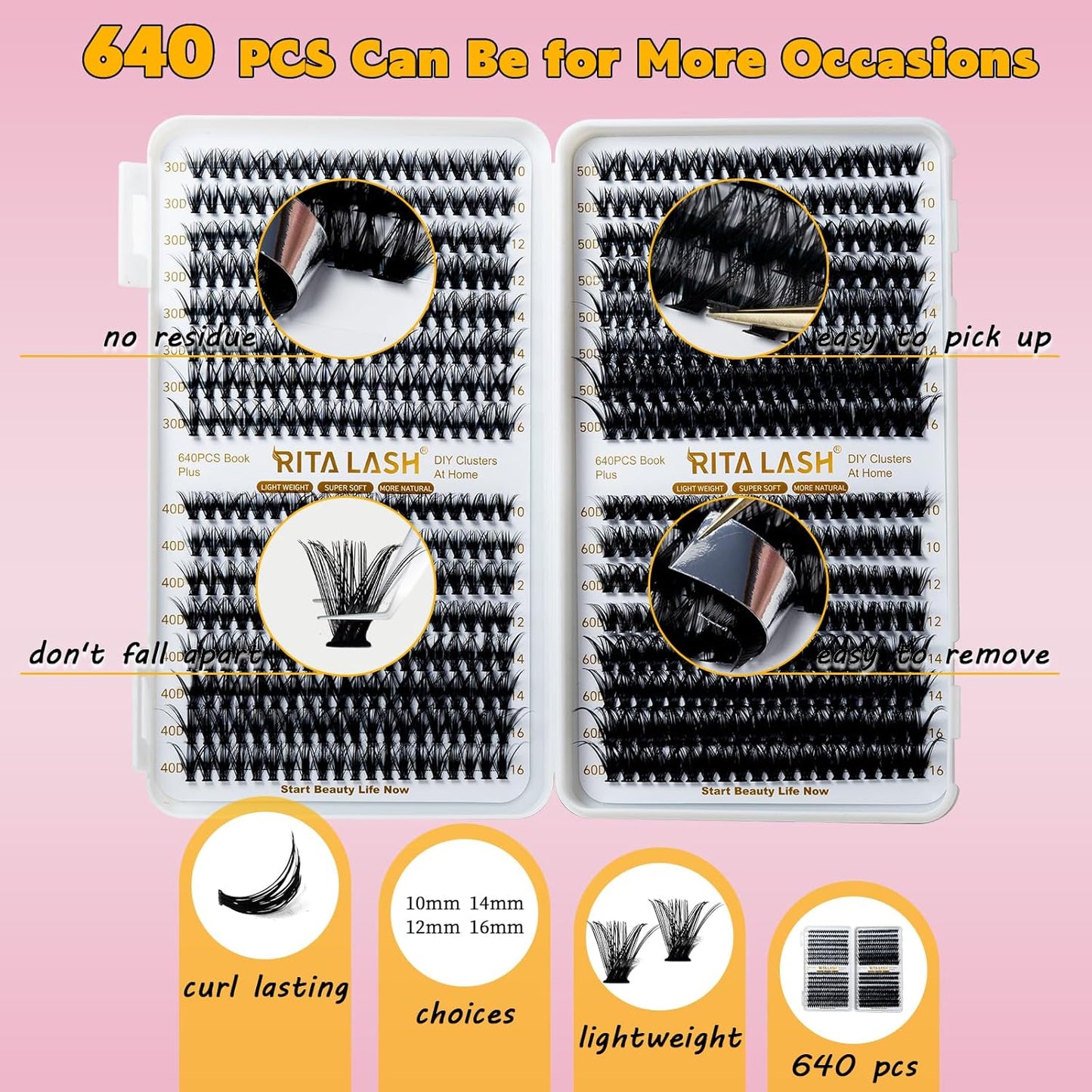 🌟RITALASH 640PCS Lash Extension Kit – 30D+40D+50D+60D Cluster Lashes (10–16mm Mixed) Wispy & Fluffy DIY Eyelash Extensions for Natural or Glam Looks at Home