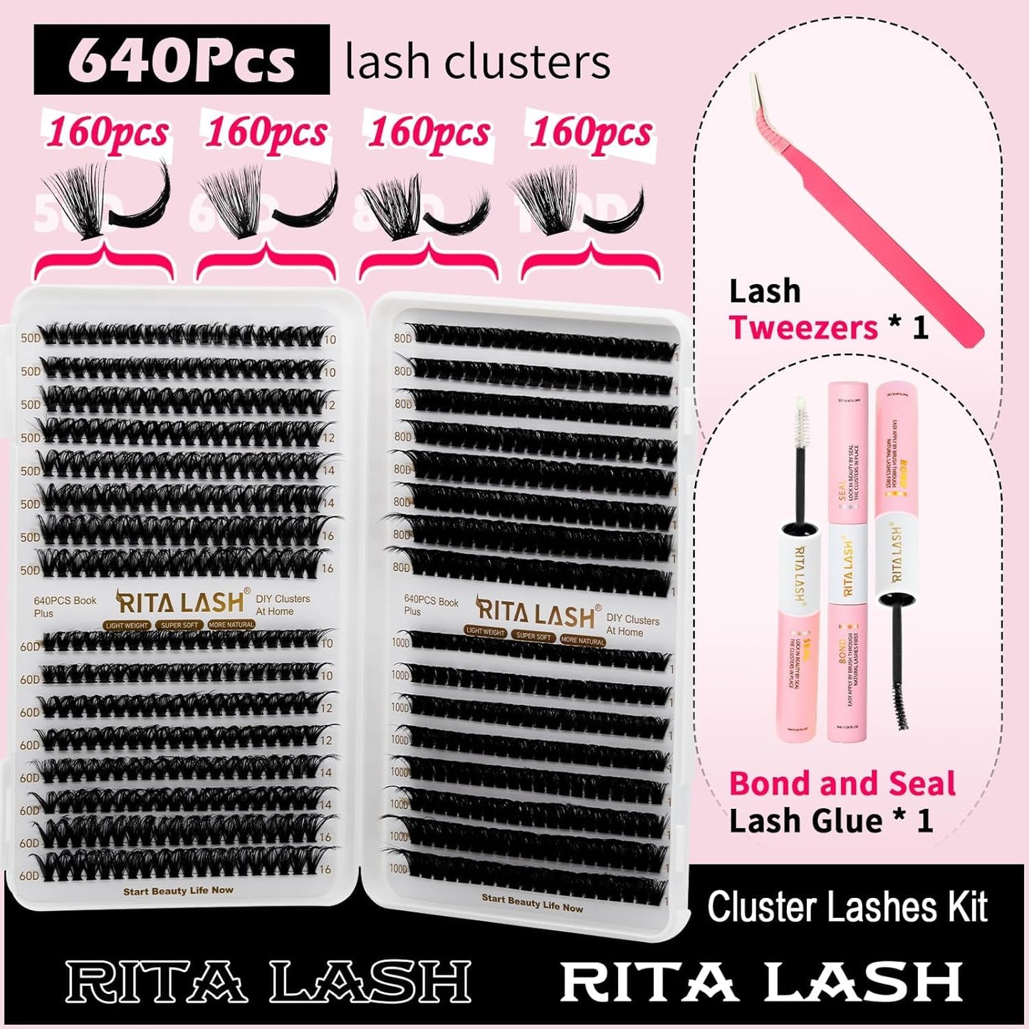 ✨RITALASH 640PCS DIY Lash Extension Kit – 50D + 60D + 80D + 100D Mixed Cluster Lashes (10–16mm) with Bond, Seal, Tweezers & Remover for At-Home Lash Styling!