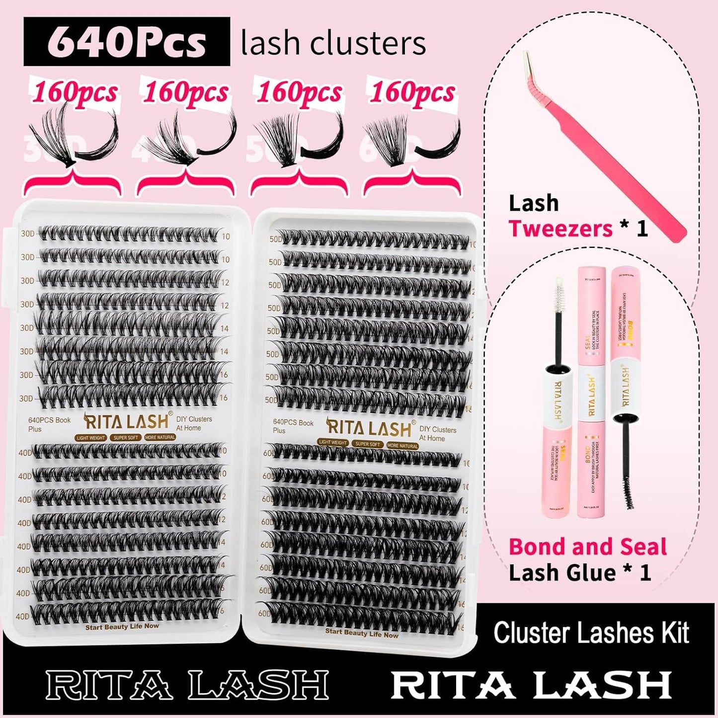 🌟RITALASH 640PCS Lash Extension Kit – 30D+40D+50D+60D Cluster Lashes (10–16mm Mixed) with Bond, Seal & Tweezers | DIY Wispy Fluffy Eyelash Extensions at Home