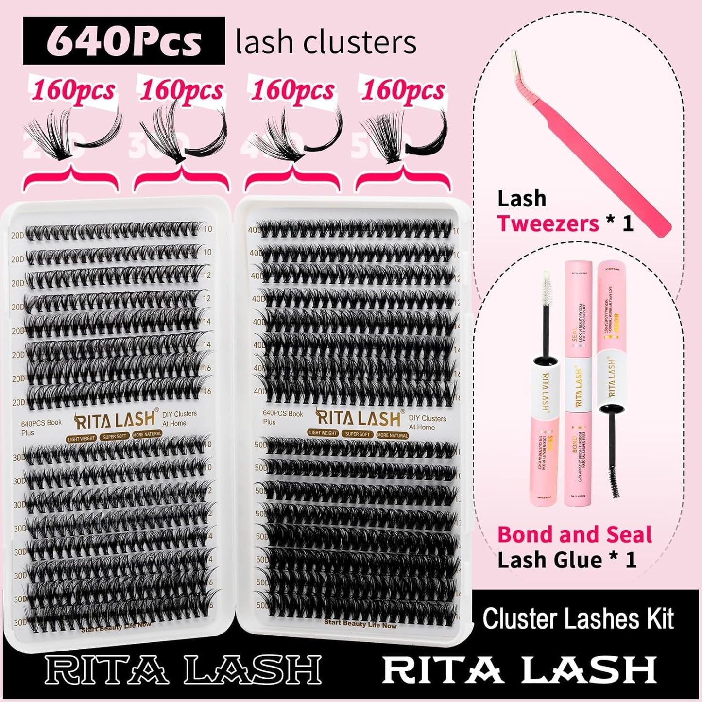 🌟RITALASH 640PCS Lash Extension Kit – 20D+30D+40D+50D Cluster Lashes (10–16mm Mixed) with Bond, Seal & Tweezers, DIY Individual Eyelash Extensions at Home