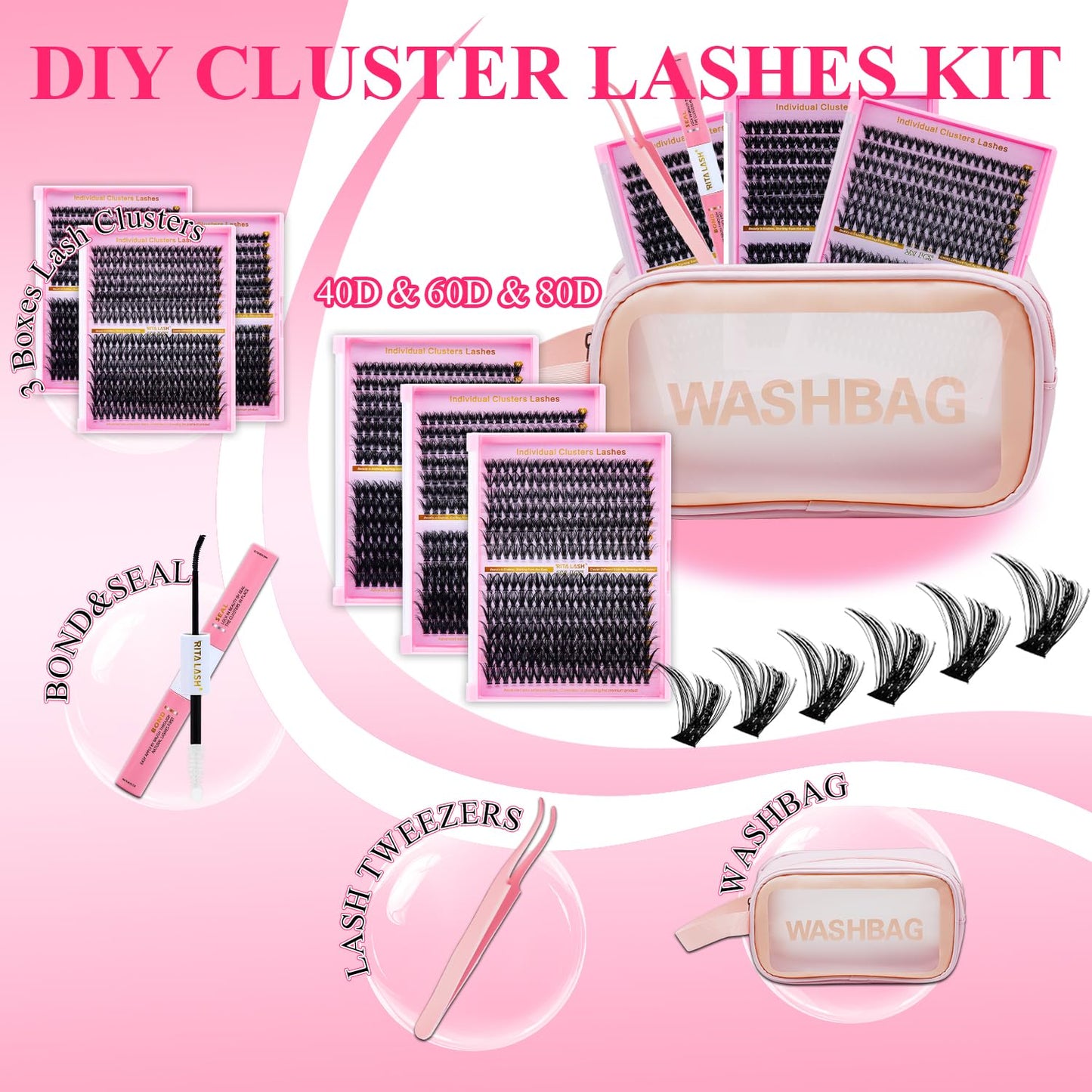 💖RITALASH DIY Lash Extension Kit – 3 Boxes Fluffy Cluster Lashes (40D+60D+80D) with Bond, Seal, Tweezers & Washbag | Soft Wispy Individual Eyelash Extensions