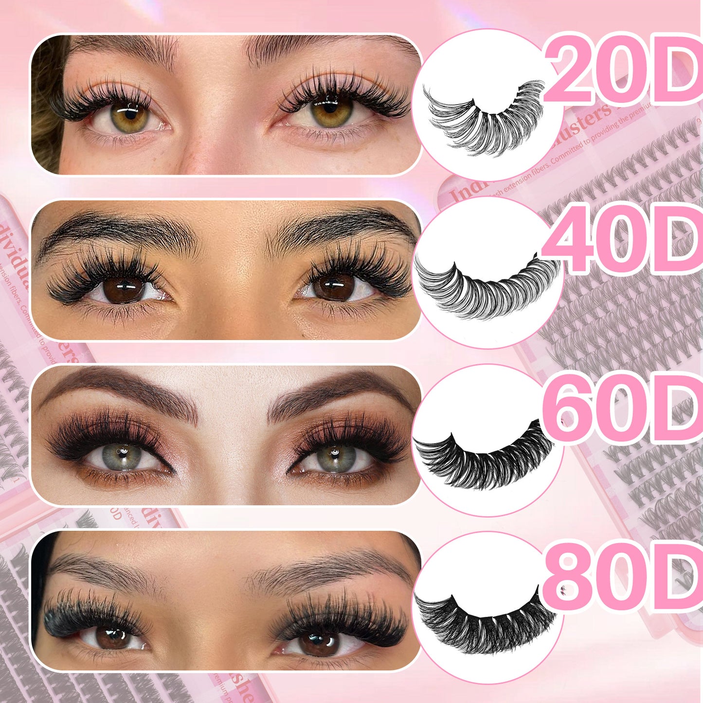 💖ndividual Cluster Lash Book 20D+40D+60D+80D DIY Eyelash Extensions D Curl Long With Bond And Seal Lash Tweezer And Brush DIY Cluster Lash At Home