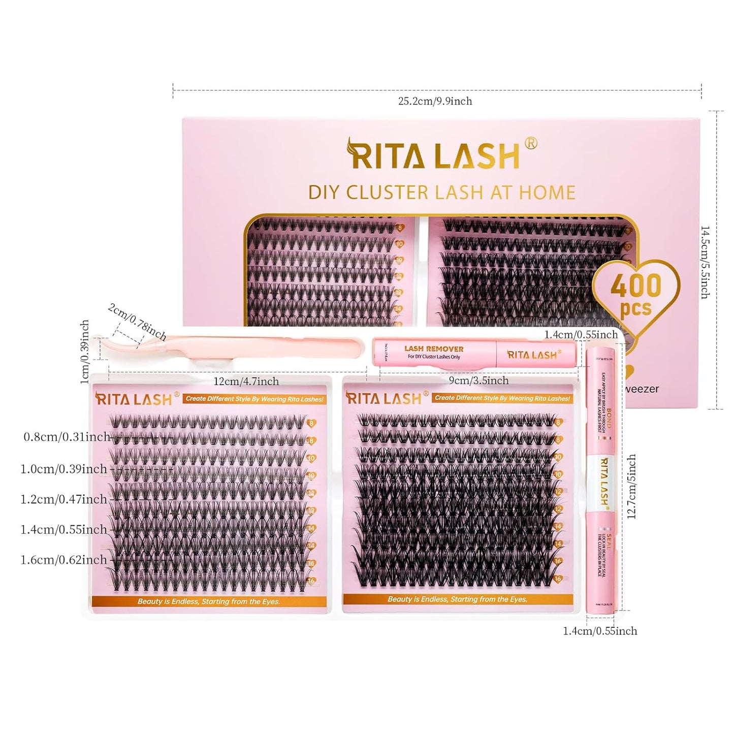 💖RITALASH 400PCS Lash Extension Kit – 20D+40D DIY Cluster Lashes (8–16mm Mixed) with Bond, Seal, Remover & Tweezer | Wispy & Fluffy At-Home Eyelash Extensions