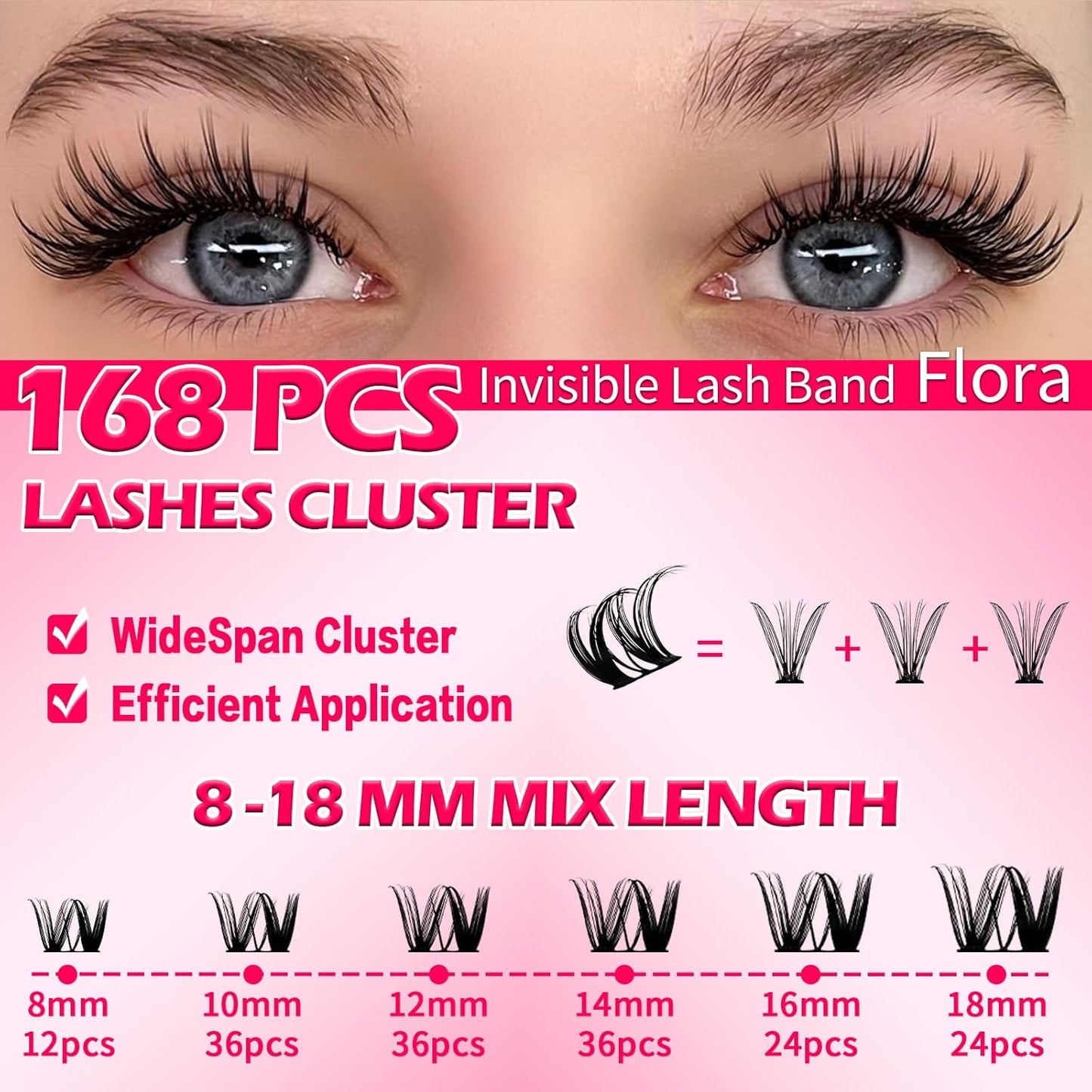 🌟RITALASH Flora Hybrid Wispy Lash Clusters – DIY Eyelash Extension Kit, Wide-Span Cat-Eye Individual Lashes, Invisible Lash Band, 8–18mm