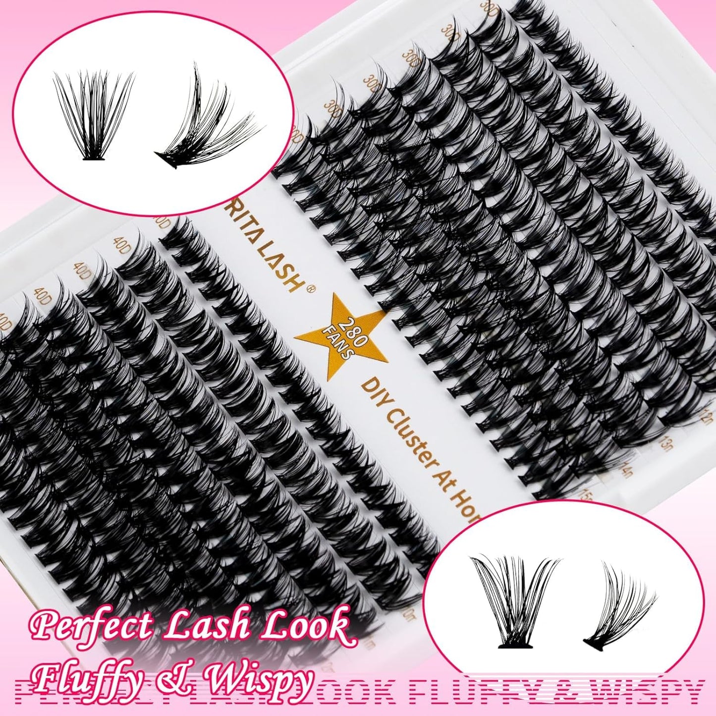 🌟RITALASH 280PCS Lash Extension Kit – 30D+40D Cluster Lashes (9–15mm Mixed) with Bond, Seal & Tweezers, DIY Individual Eyelash Extensions at Home