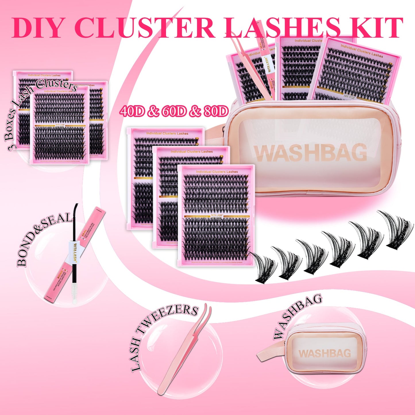 Lash Extension Kit 3 Boxes Lash Clusters+ Lash Bond and Seal,Lash Tweezers,Washbag(40D 60D 80D, 3 Boxes Kit)