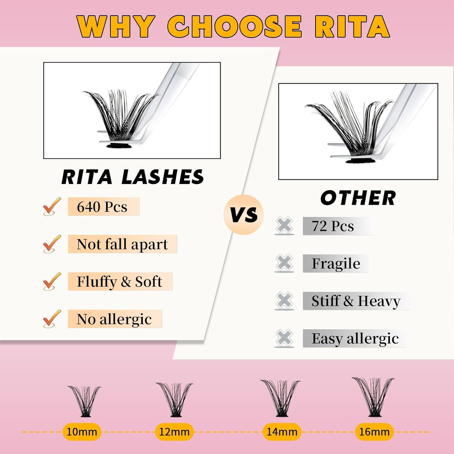 🌟RITALASH 640PCS Lash Extension Kit – 30D+40D+50D+60D Cluster Lashes (10–16mm Mixed) Wispy & Fluffy DIY Eyelash Extensions for Natural or Glam Looks at Home