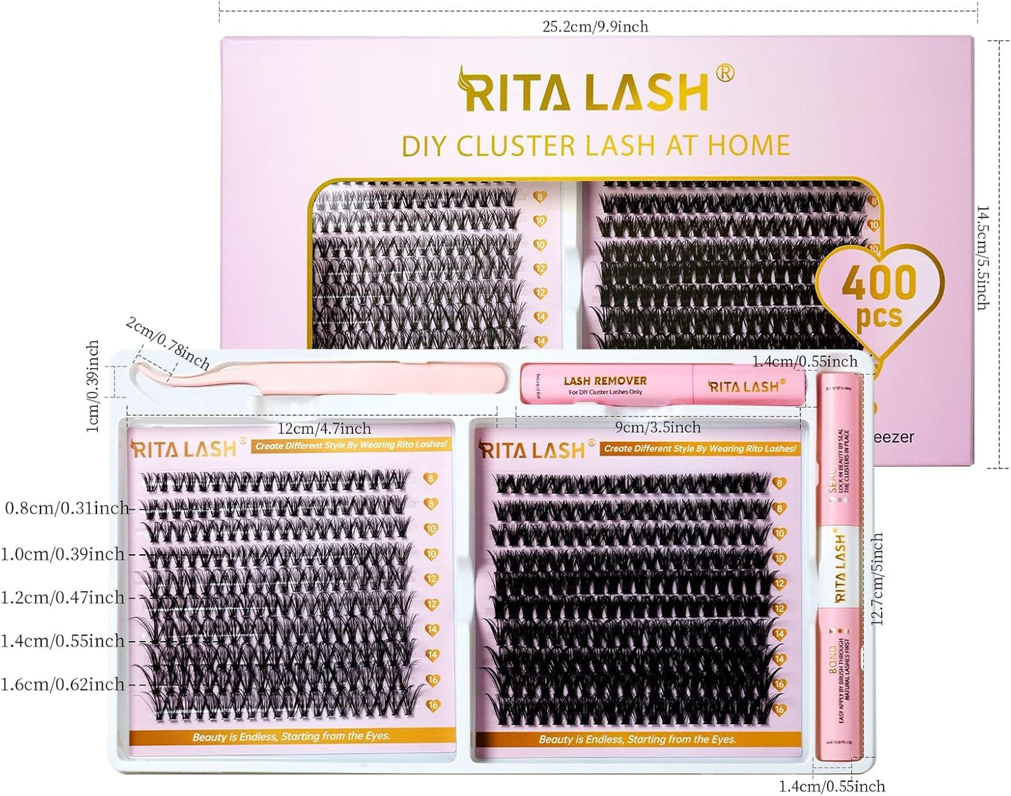 💖RITALASH 400PCS DIY Lash Extension Kit – 30D + 50D Cluster Lashes (8–16mm Mixed) with Bond, Seal, Remover & Tweezer for Custom At-Home Lash Styling!