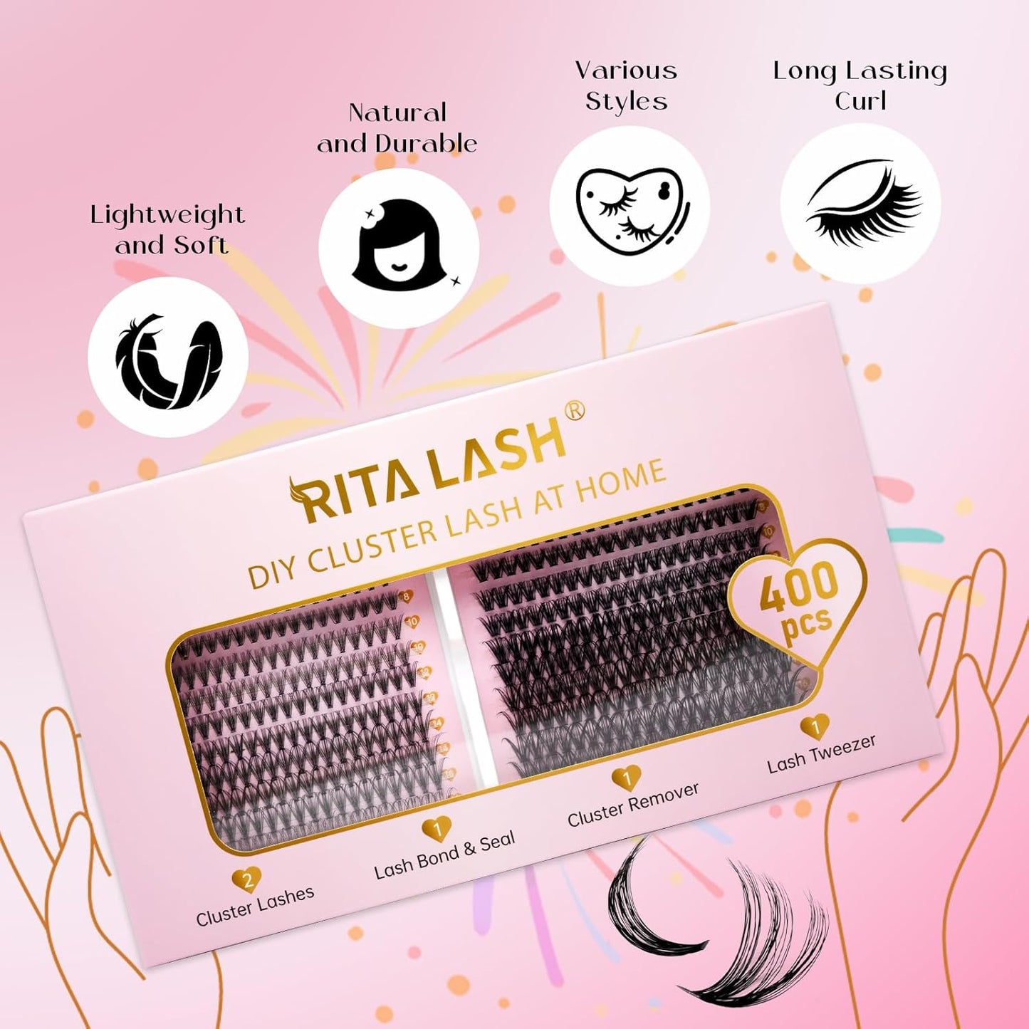 💖RITALASH 400PCS Lash Extension Kit – 20D+40D DIY Cluster Lashes (8–16mm Mixed) with Bond, Seal, Remover & Tweezer | Wispy & Fluffy At-Home Eyelash Extensions