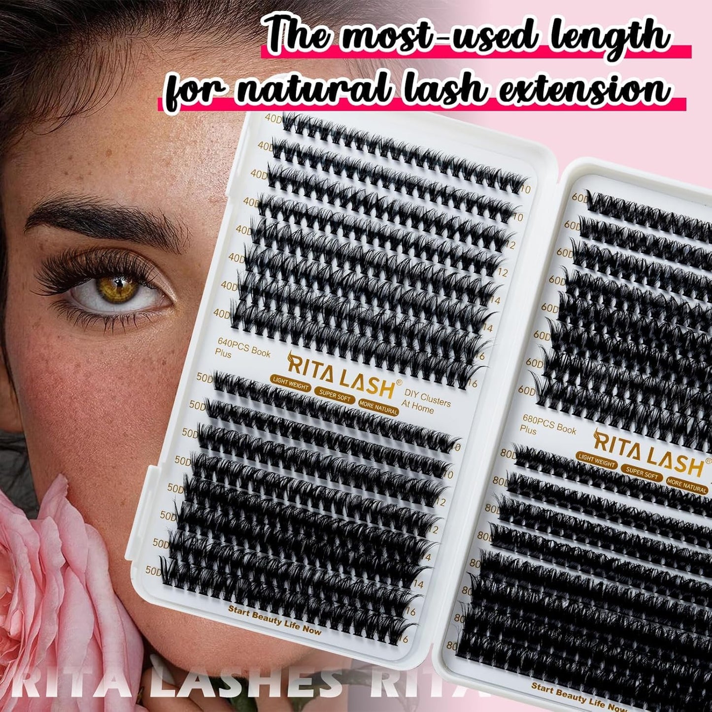 ✨RITALASH Lash Extension Kit – 640PCS DIY Lash Clusters 40D+50D+60D+80D Mixed Length Cluster Lashes with Lash Bond & Seal, Tweezers & Eyelash Case (10-16mm, Natural to Glam Look)
