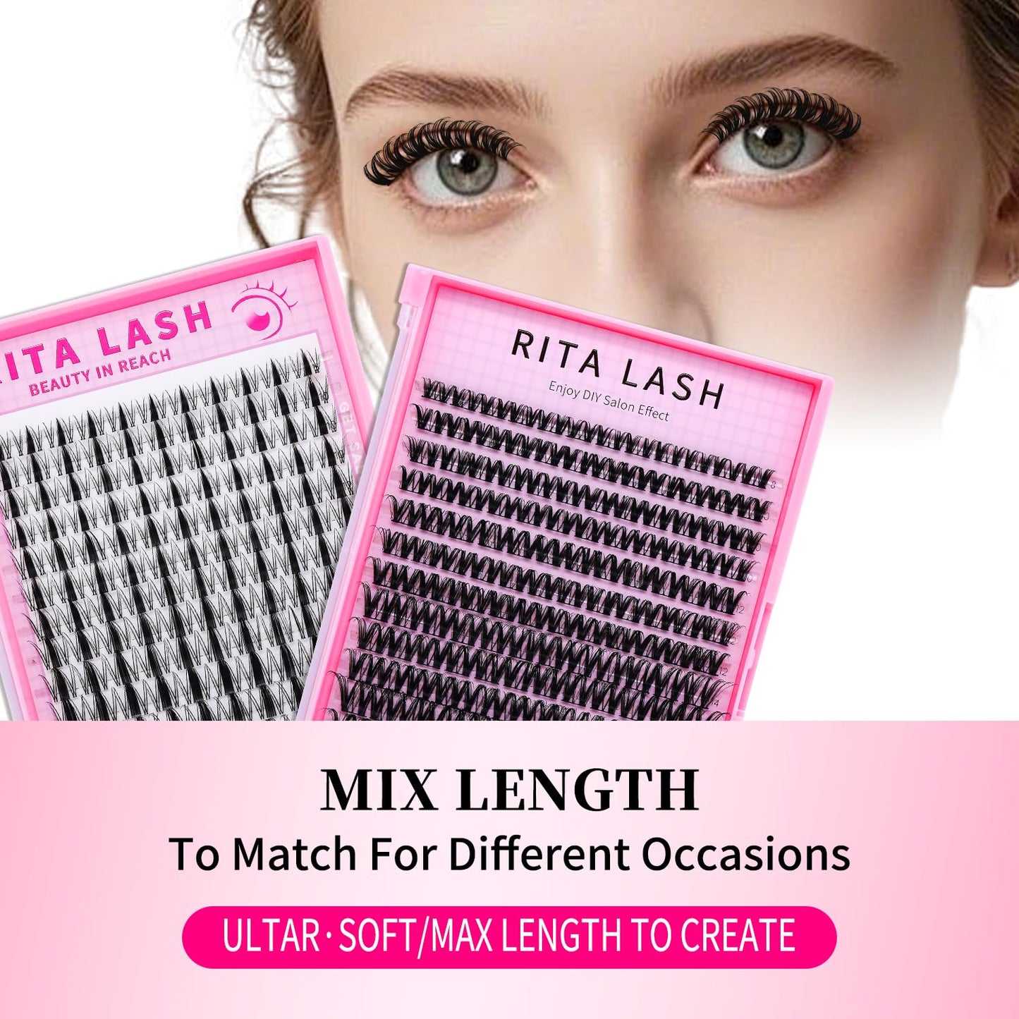 🌟RITALASH Flora Hybrid Wispy Lash Clusters – DIY Eyelash Extension Kit, Wide-Span Cat-Eye Individual Lashes, Invisible Lash Band, 8–18mm