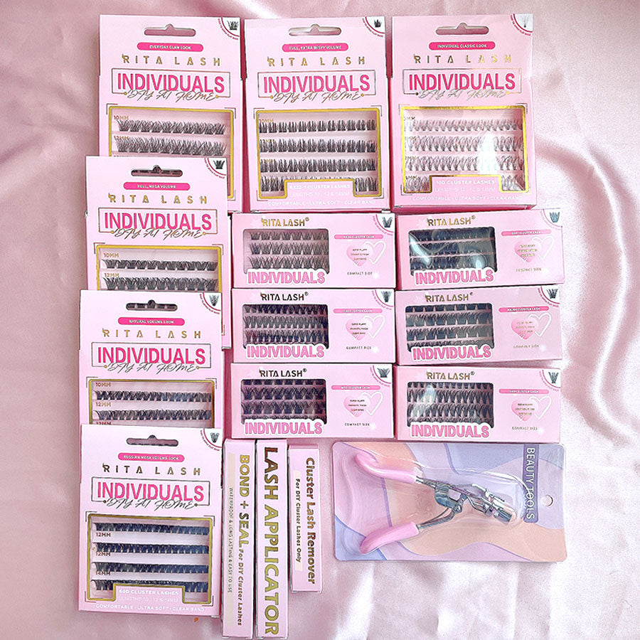 ✨Individual False Eyelashes Extension Kit Curl Wispy Style, 12 Box Lashes with Glue&Bond Seal&Remover&Curler, Individual Lashes Makeup Kit