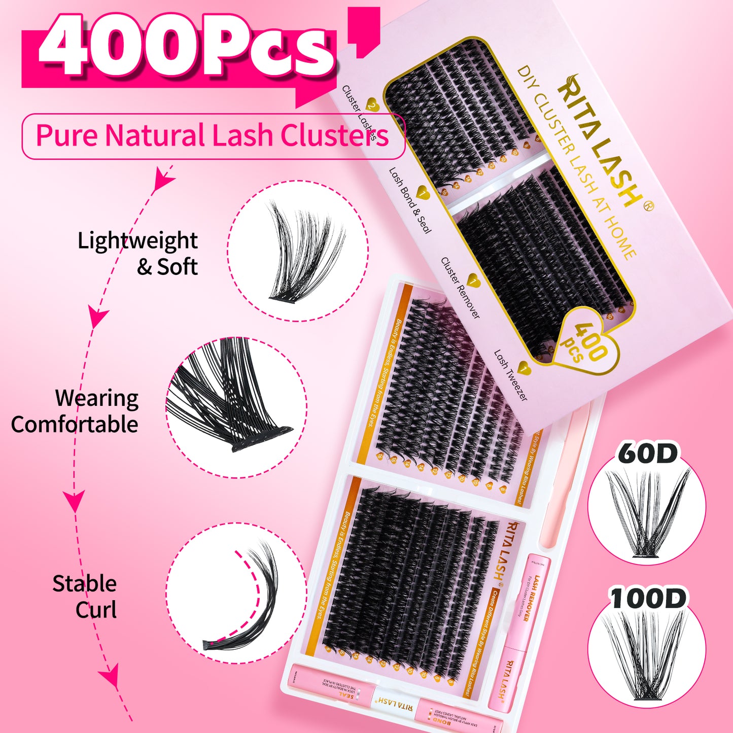 💖RITALASH 400pcs D Curl Cluster Lash Kit MIX 60D+100D Black Individual Eyelashes D Curl With Lash Bond And Seal Cluster Remover Lash Tweezer DIY At Home
