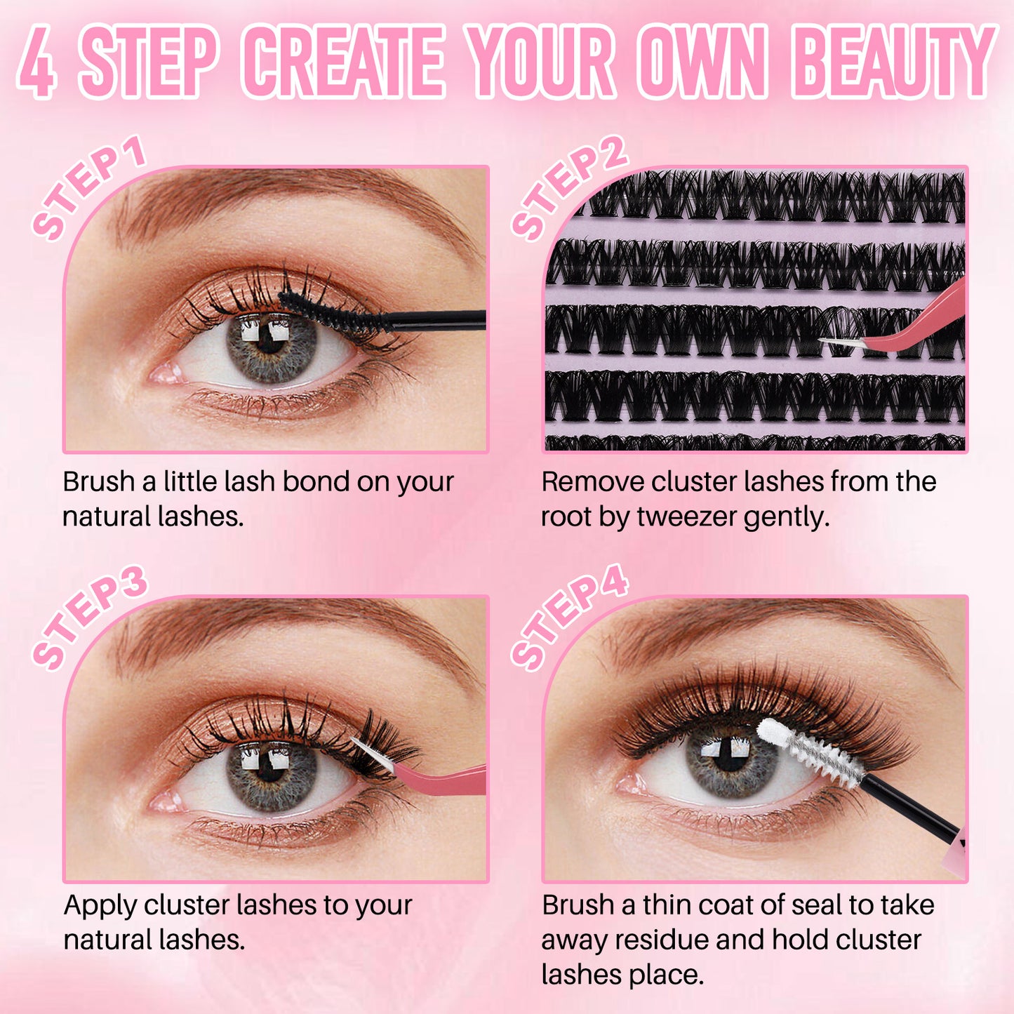 💖ndividual Cluster Lash Book 20D+40D+60D+80D DIY Eyelash Extensions D Curl Long With Bond And Seal Lash Tweezer And Brush DIY Cluster Lash At Home