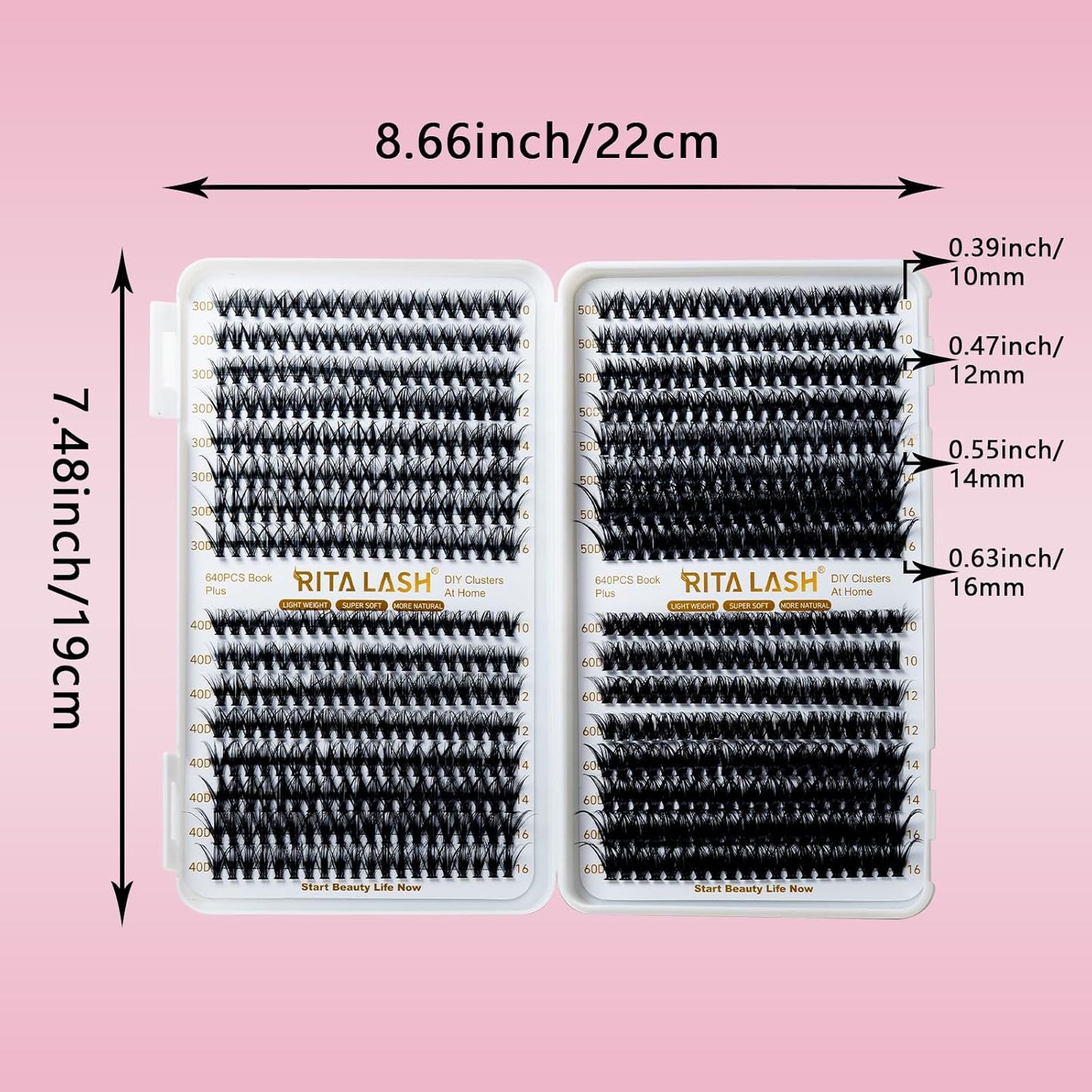 🌟RITALASH 640PCS Lash Extension Kit – 30D+40D+50D+60D Cluster Lashes (10–16mm Mixed) Wispy & Fluffy DIY Eyelash Extensions for Natural or Glam Looks at Home