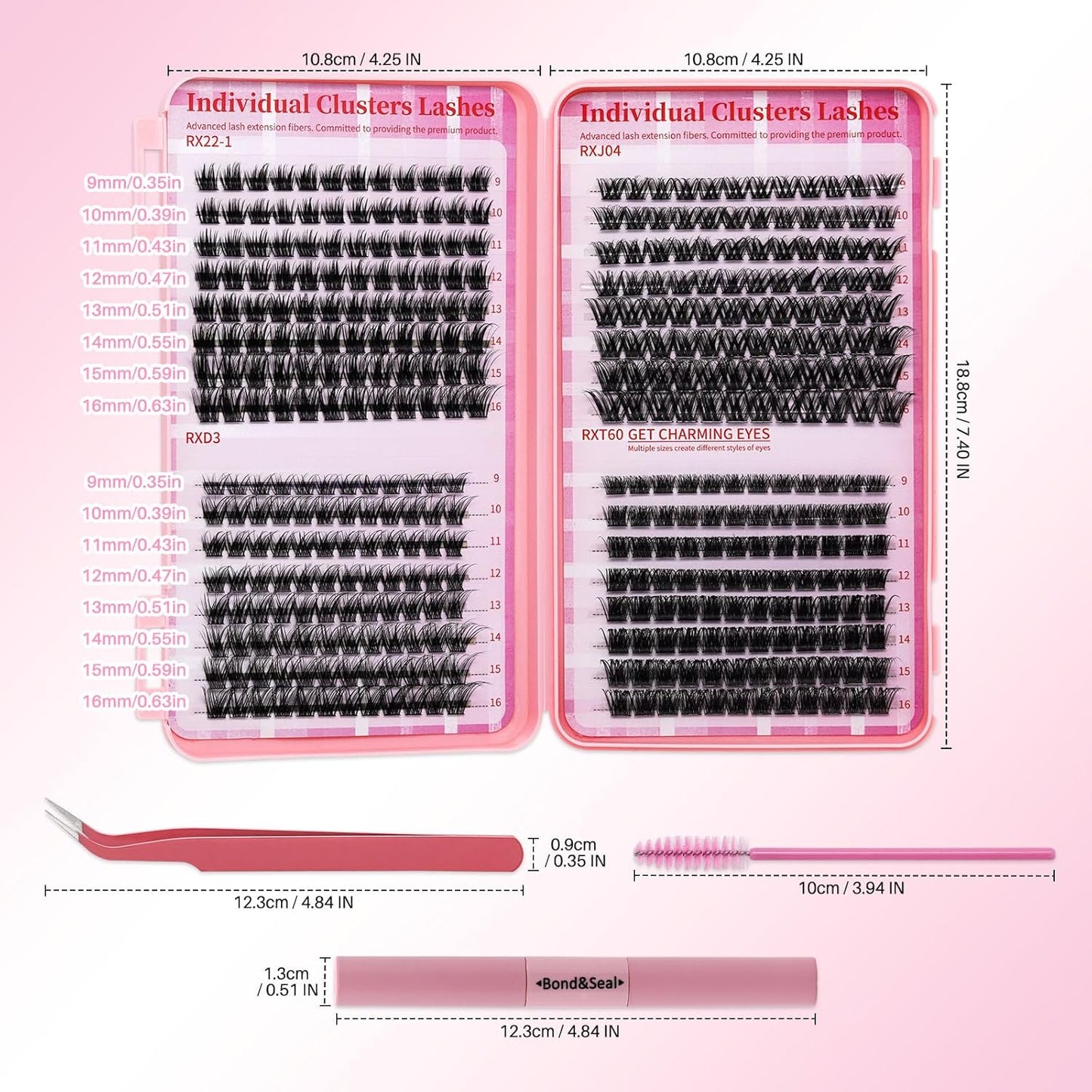 💖RITALASH RX DIY Lash Extension Kit – 4-Style Mixed Cluster Lashes Tray, Soft Thin Band Individual Lashes with Bond, Seal, Tweezers & Mascara Brush (9–16mm)