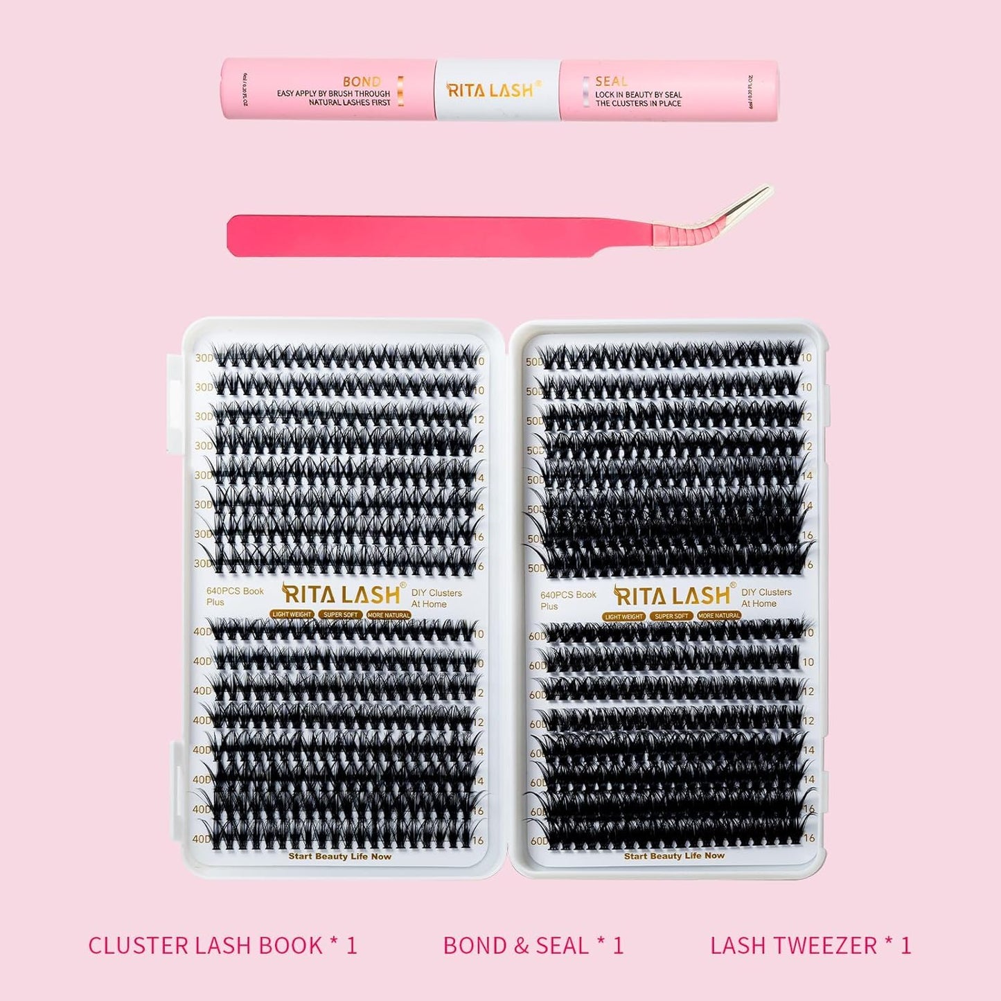 🌟RITALASH 640PCS Lash Extension Kit – 30D+40D+50D+60D Cluster Lashes (10–16mm Mixed) with Bond, Seal & Tweezers | DIY Wispy Fluffy Eyelash Extensions at Home