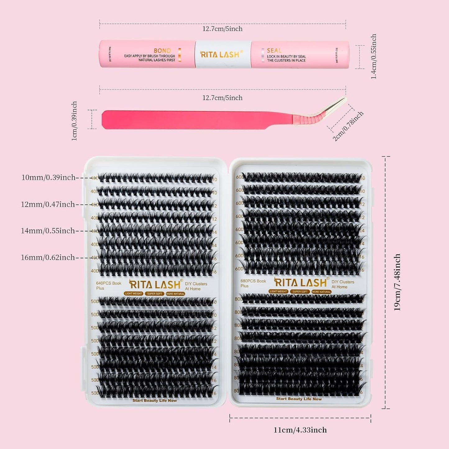 ✨RITALASH Lash Extension Kit – 640PCS DIY Lash Clusters 40D+50D+60D+80D Mixed Length Cluster Lashes with Lash Bond & Seal, Tweezers & Eyelash Case (10-16mm, Natural to Glam Look)