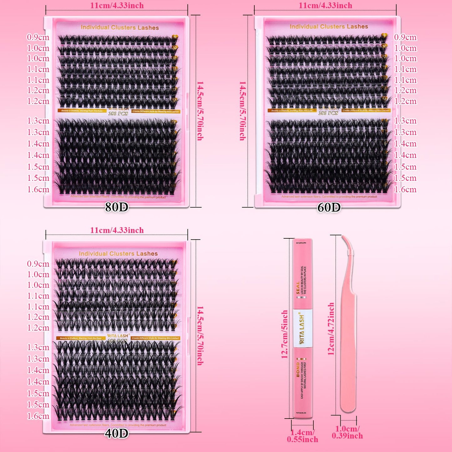 💖RITALASH DIY Lash Extension Kit – 3 Boxes Fluffy Cluster Lashes (40D+60D+80D) with Bond, Seal, Tweezers & Washbag | Soft Wispy Individual Eyelash Extensions