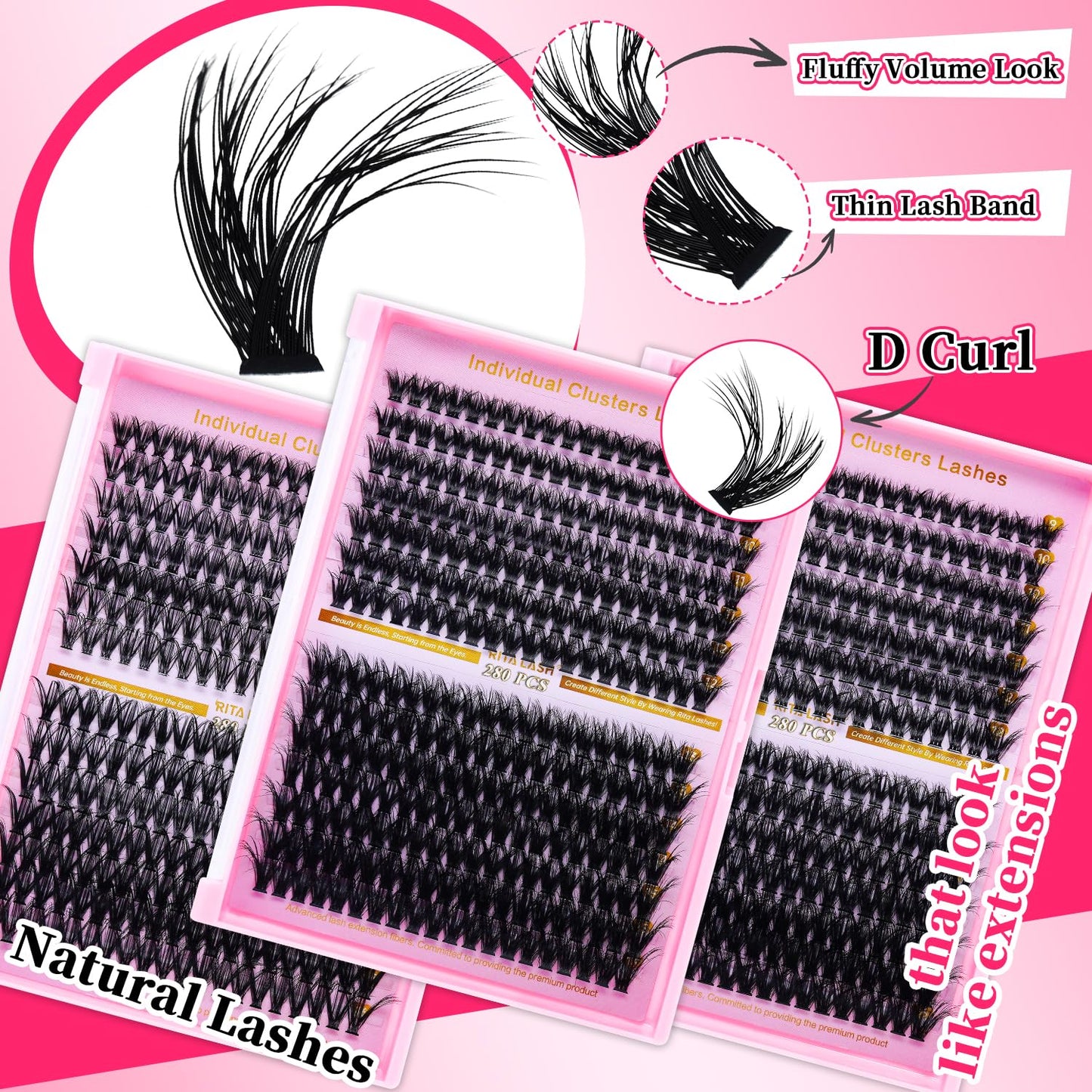 💖RITALASH DIY Lash Extension Kit – 3 Boxes Fluffy Cluster Lashes (40D+60D+80D) with Bond, Seal, Tweezers & Washbag | Soft Wispy Individual Eyelash Extensions