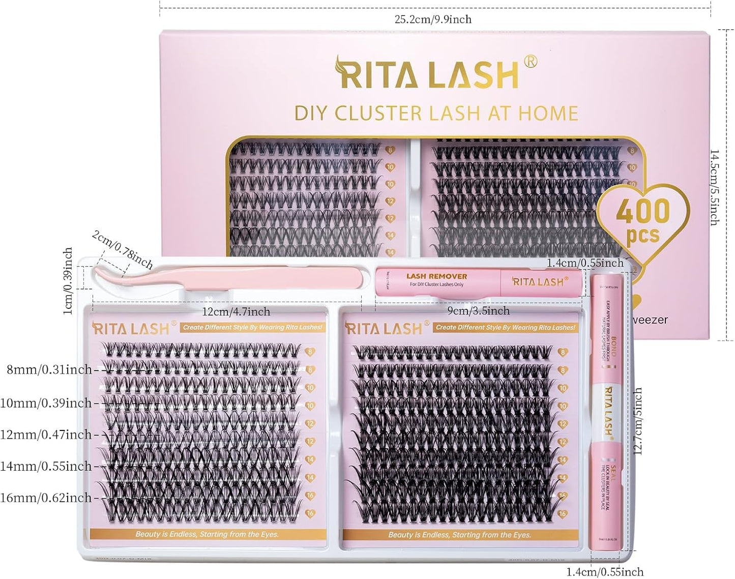 💖RITALASH 400PCS DIY Lash Extension Kit – 30D + 40D Cluster Lashes (8–16mm Mixed) with Bond, Seal, Remover & Tweezer for At-Home Glam!