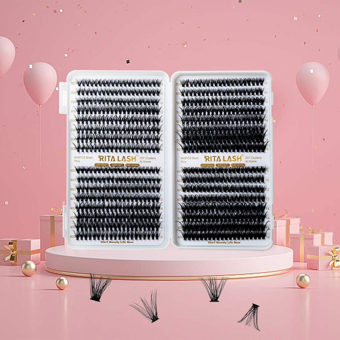 🌟RITALASH 640PCS Lash Extension Kit – 30D+40D+50D+60D Cluster Lashes (10–16mm Mixed) Wispy & Fluffy DIY Eyelash Extensions for Natural or Glam Looks at Home