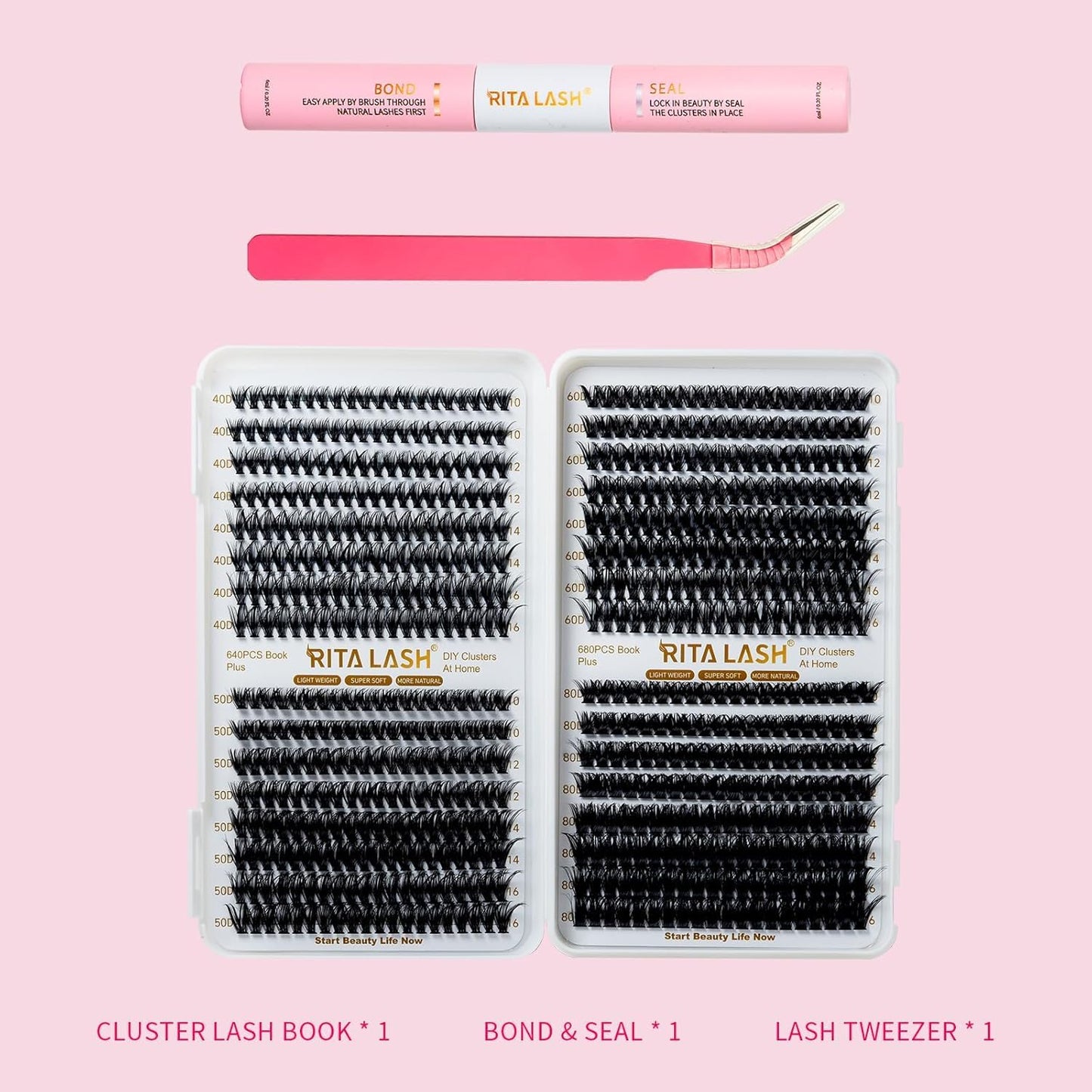 🌟RITALASH 640PCS Lash Extension Kit – 20D+30D+40D+50D Cluster Lashes (10–16mm Mixed) with Bond, Seal & Tweezers, DIY Individual Eyelash Extensions at Home