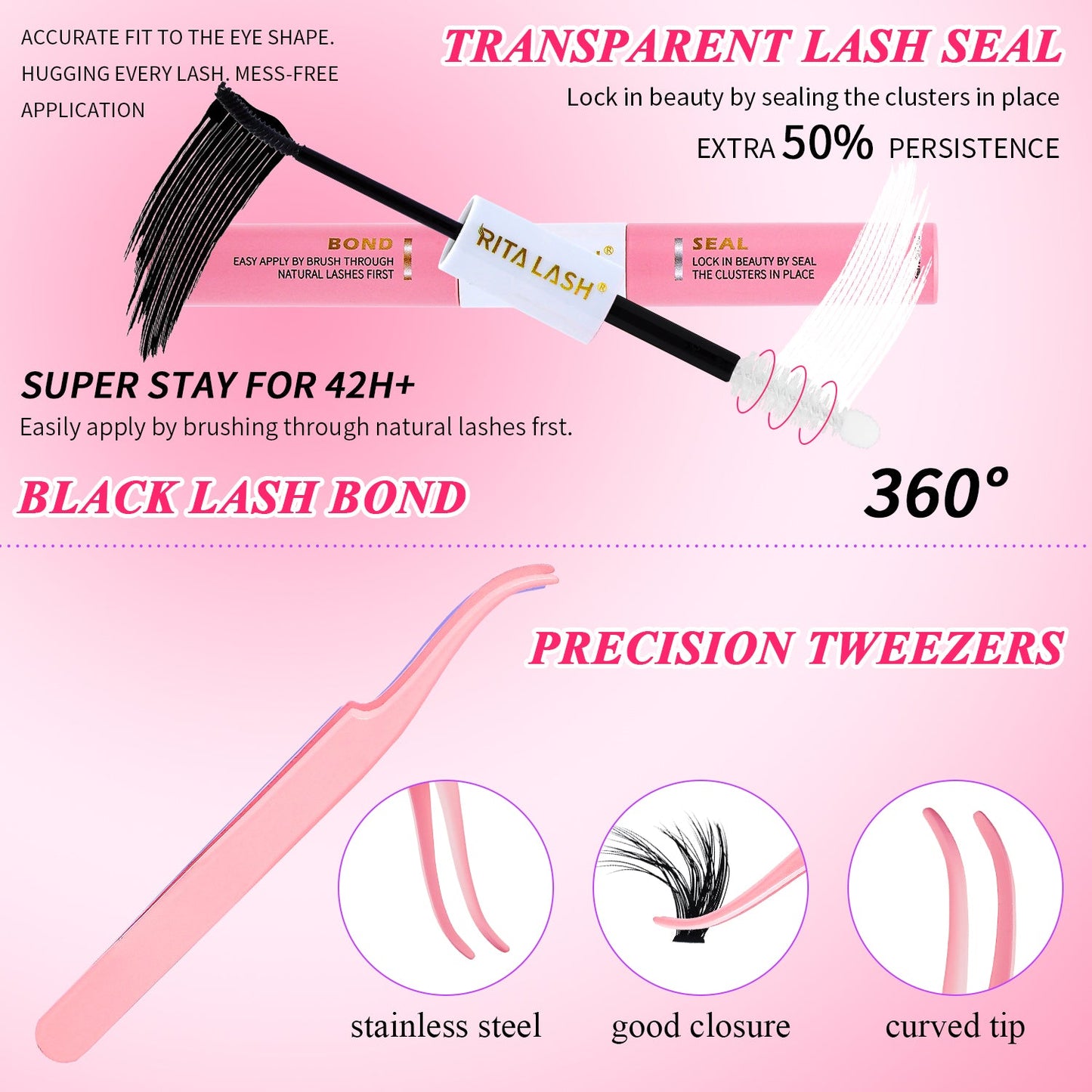 Lash Extension Kit 3 Boxes Lash Clusters+ Lash Bond and Seal,Lash Tweezers,Washbag(40D 60D 80D, 3 Boxes Kit)