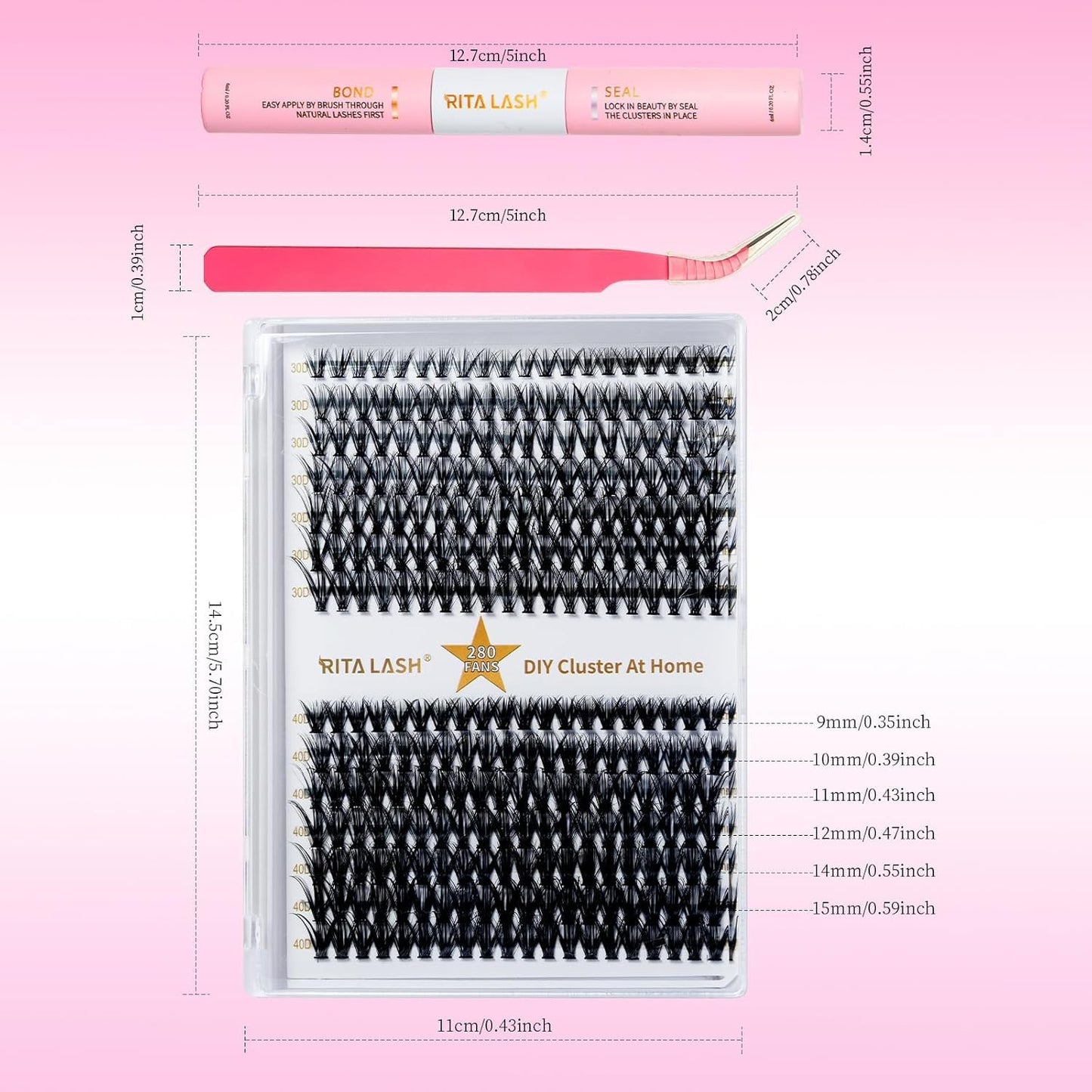 🌟RITALASH 280PCS Lash Extension Kit – 30D+40D Cluster Lashes (9–15mm Mixed) with Bond, Seal & Tweezers, DIY Individual Eyelash Extensions at Home