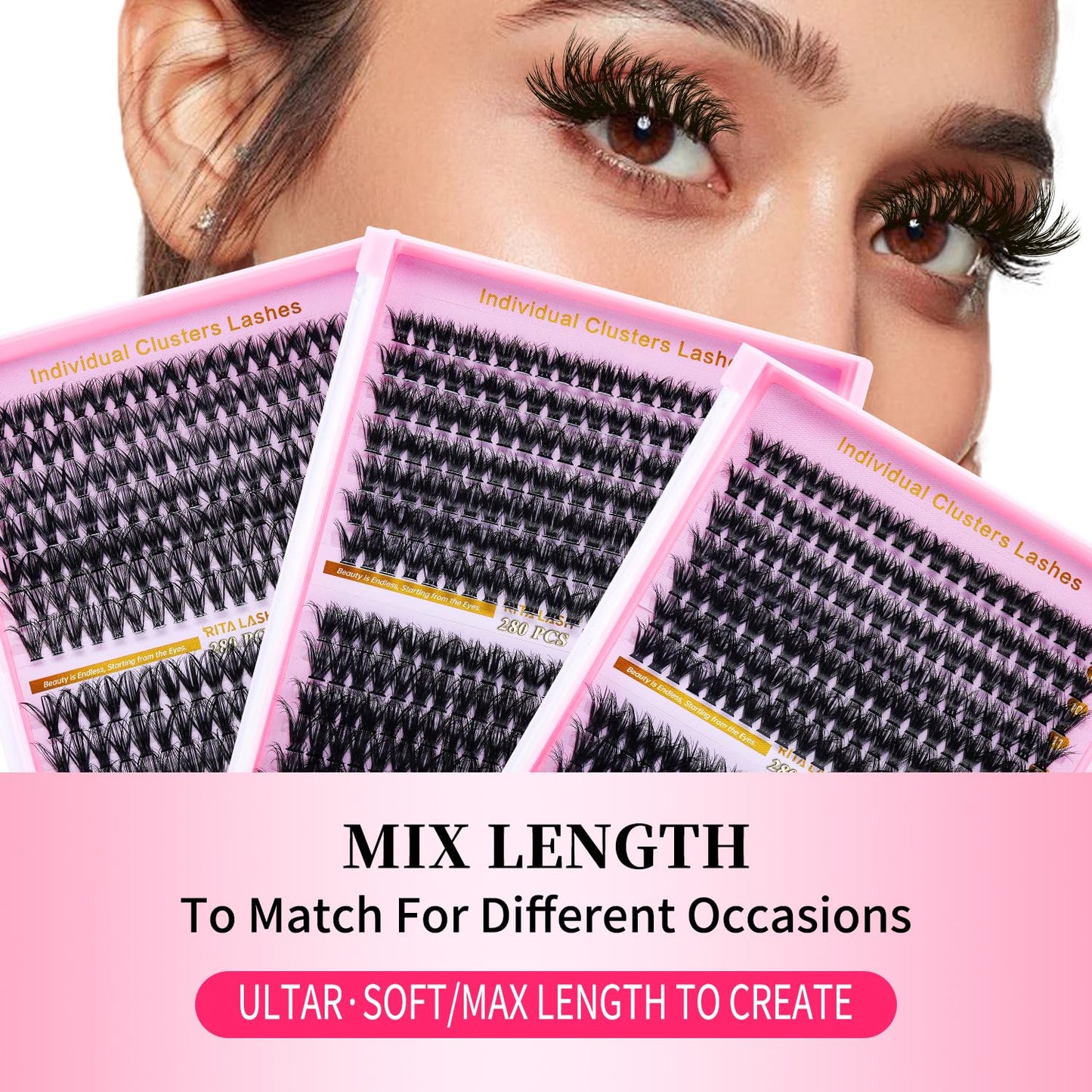 💖RITALASH DIY Lash Extension Kit – 3 Boxes Fluffy Cluster Lashes (40D+60D+80D) with Bond, Seal, Tweezers & Washbag | Soft Wispy Individual Eyelash Extensions