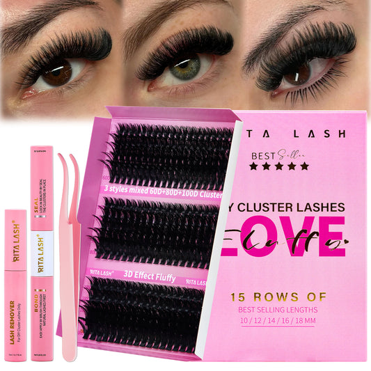 💖RITALASH 300pcs D Curl Individual Eyelashes Cluster Kit DIY Eyelash Extensions Lengths Mixed Tray DIY Individual False Cluster At Home With Bond And Seal Applicator Individual False Cluster Remover