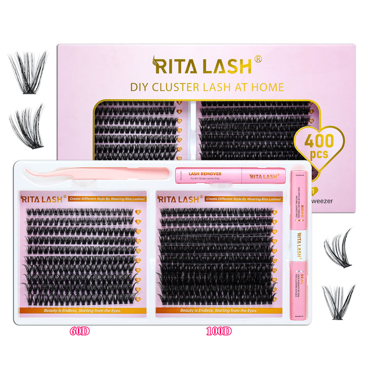 💖RITALASH 400pcs D Curl Cluster Lash Kit MIX 60D+100D Black Individual Eyelashes D Curl
