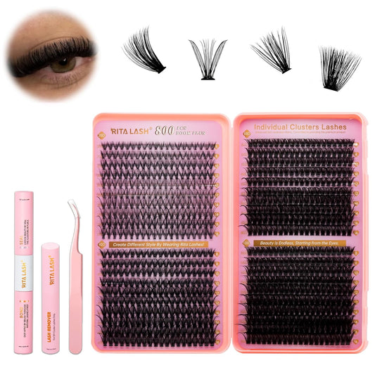 💖RITALASH DIY Lash Extension Kit Book Set – 800PCS Cluster Lashes (20D+40D+60D+100D, 8–16mm) | Individual Lash Clusters with Bond & Seal, Remover, Tweezers | At-Home Eyelash Extension Kit