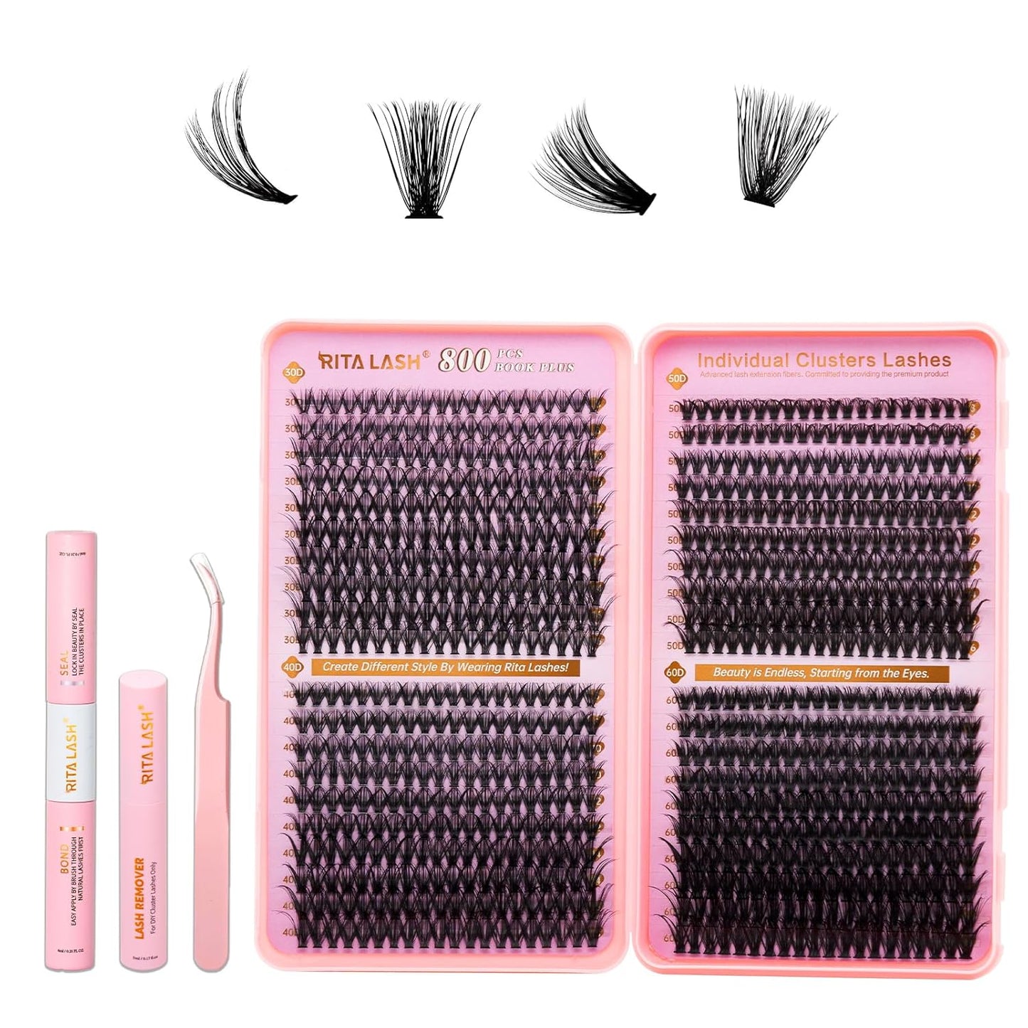 💖RITALASH DIY Lash Extension Kit Book Set – 800PCS Cluster Lashes (30D+40D+50D+60D, 8–16mm) | Individual Lash Clusters with Bond & Seal, Remover, Tweezers | At-Home Eyelash Extension Kit