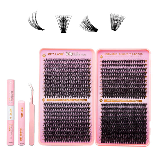 💖RITALASH DIY Lash Extension Kit Book Set – 800PCS Cluster Lashes (30D+40D+50D+60D, 8–16mm) | Individual Lash Clusters with Bond & Seal, Remover, Tweezers | At-Home Eyelash Extension Kit