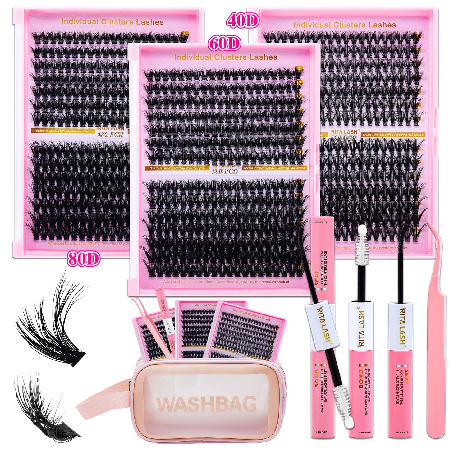 Lash Extension Kit 3 Boxes Lash Clusters+ Lash Bond and Seal,Lash Tweezers,Washbag(40D 60D 80D, 3 Boxes Kit)