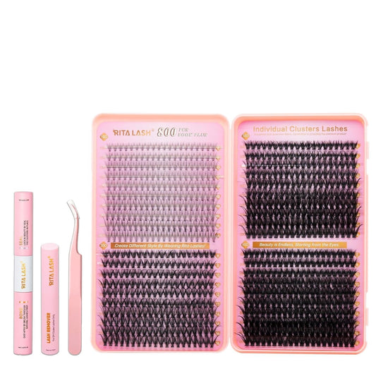 💖RITALASH DIY Lash Extension Kit Book Set – 800PCS Cluster Lashes (10D+30D+50D+80D, 8-16mm) | Individual Lash Clusters with Bond & Seal, Remover, Tweezers | At-Home Eyelash Extension Kit