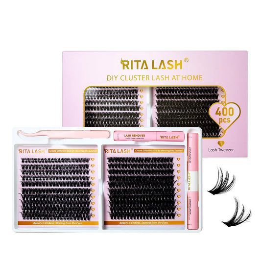 💖RITALASH 400PCS DIY Lash Extension Kit – 50D + 80D Mega Volume Cluster Lashes (8–16mm Mixed) with Bond, Seal, Remover & Tweezer for Dramatic At-Home Lash Styling!