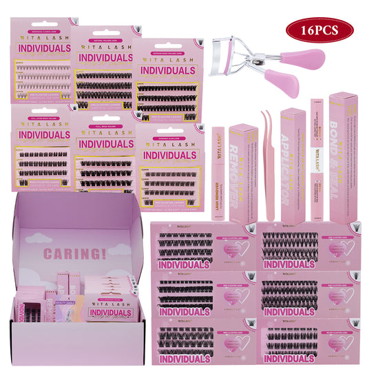 ✨Individual False Eyelashes Extension Kit Curl Wispy Style, 12 Box Lashes with Glue&Bond Seal&Remover&Curler, Individual Lashes Makeup Kit