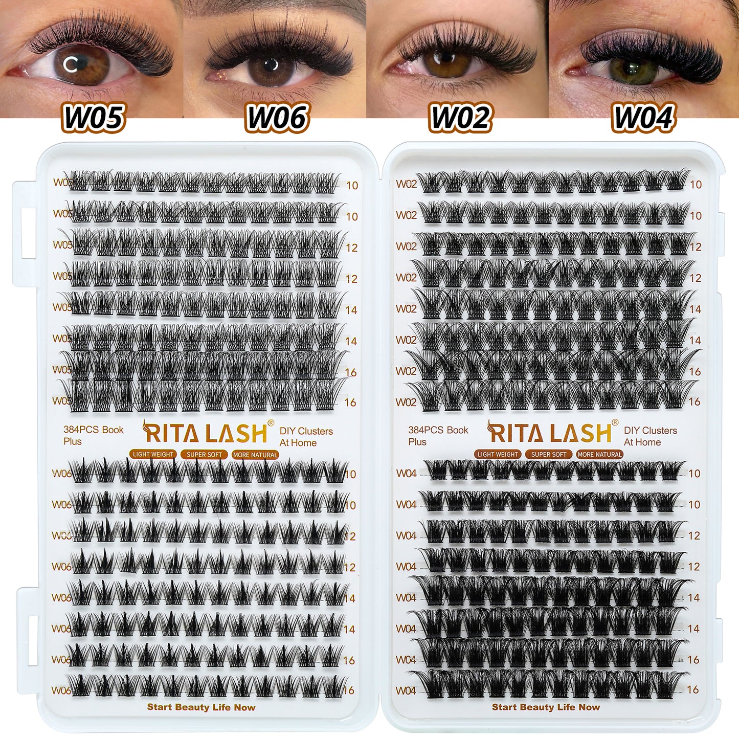 🌟RITALASH 384PCS 4 Style Cluster Lashes Book Individual Lashes Clusters Eyelash Extensions False Eyelashes DIY Wispy Fluffy Lash Extension Kit Reusable False Eyelashes Natural Look Mix 10-16mm