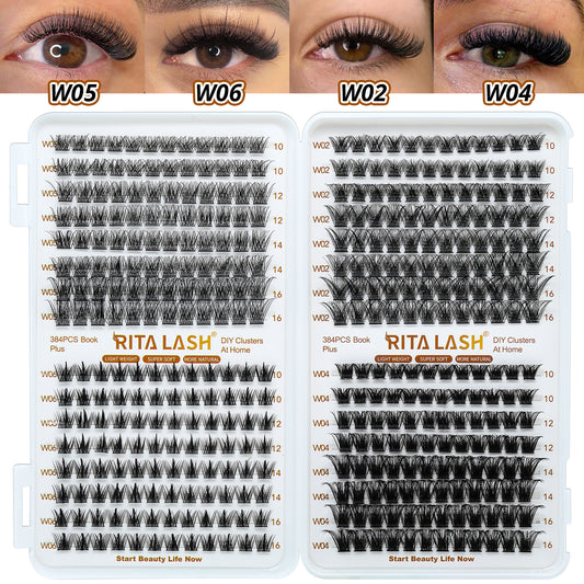 🌟RITALASH 384PCS 4 Style Cluster Lashes Book Individual Lashes Clusters Eyelash Extensions False Eyelashes DIY Wispy Fluffy Lash Extension Kit Reusable False Eyelashes Natural Look Mix 10-16mm